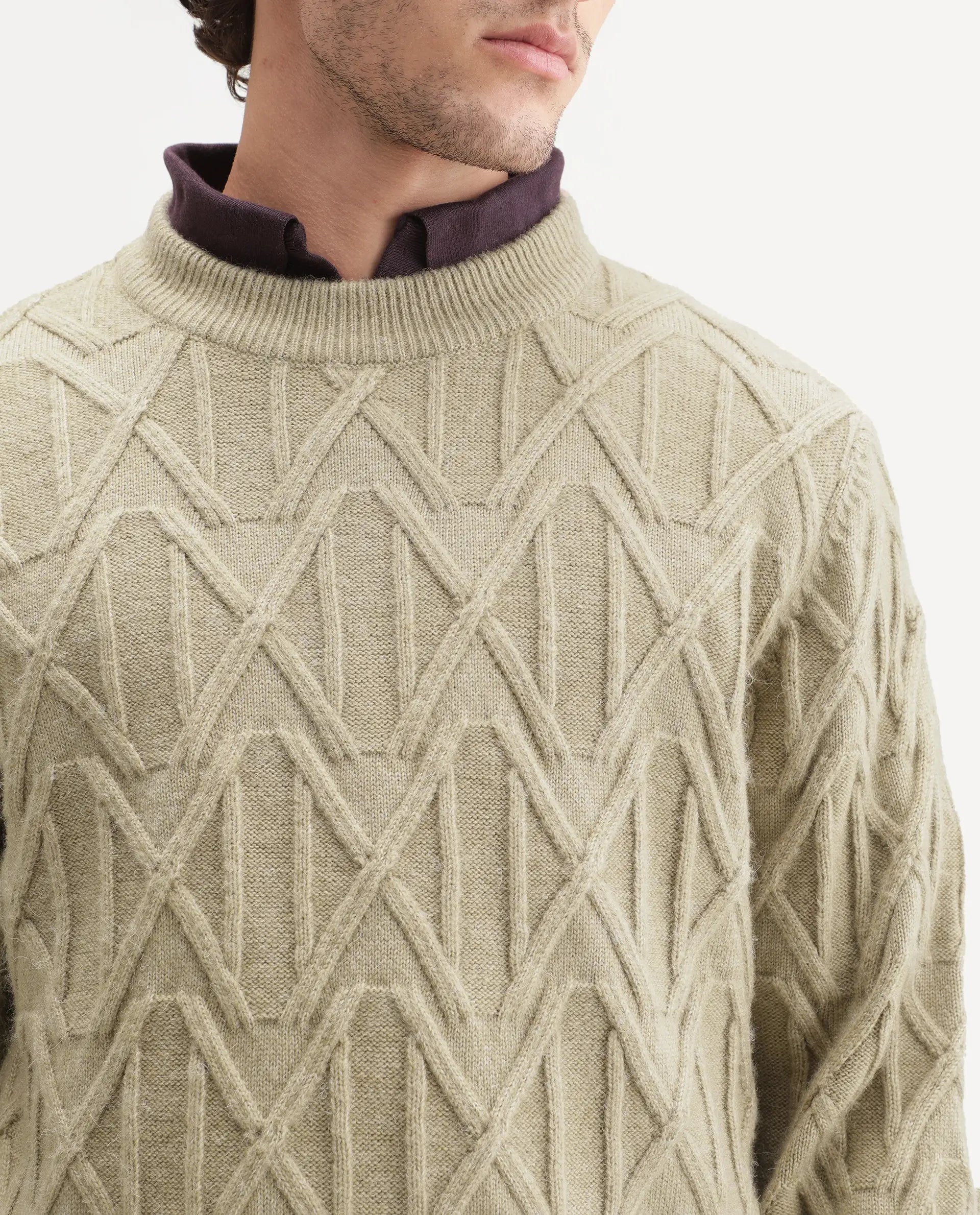 Rare Rabbit Men's Zayn Dusky Olive Acrylic Blend Crew Neck Regular Jacquard Print Sweater
