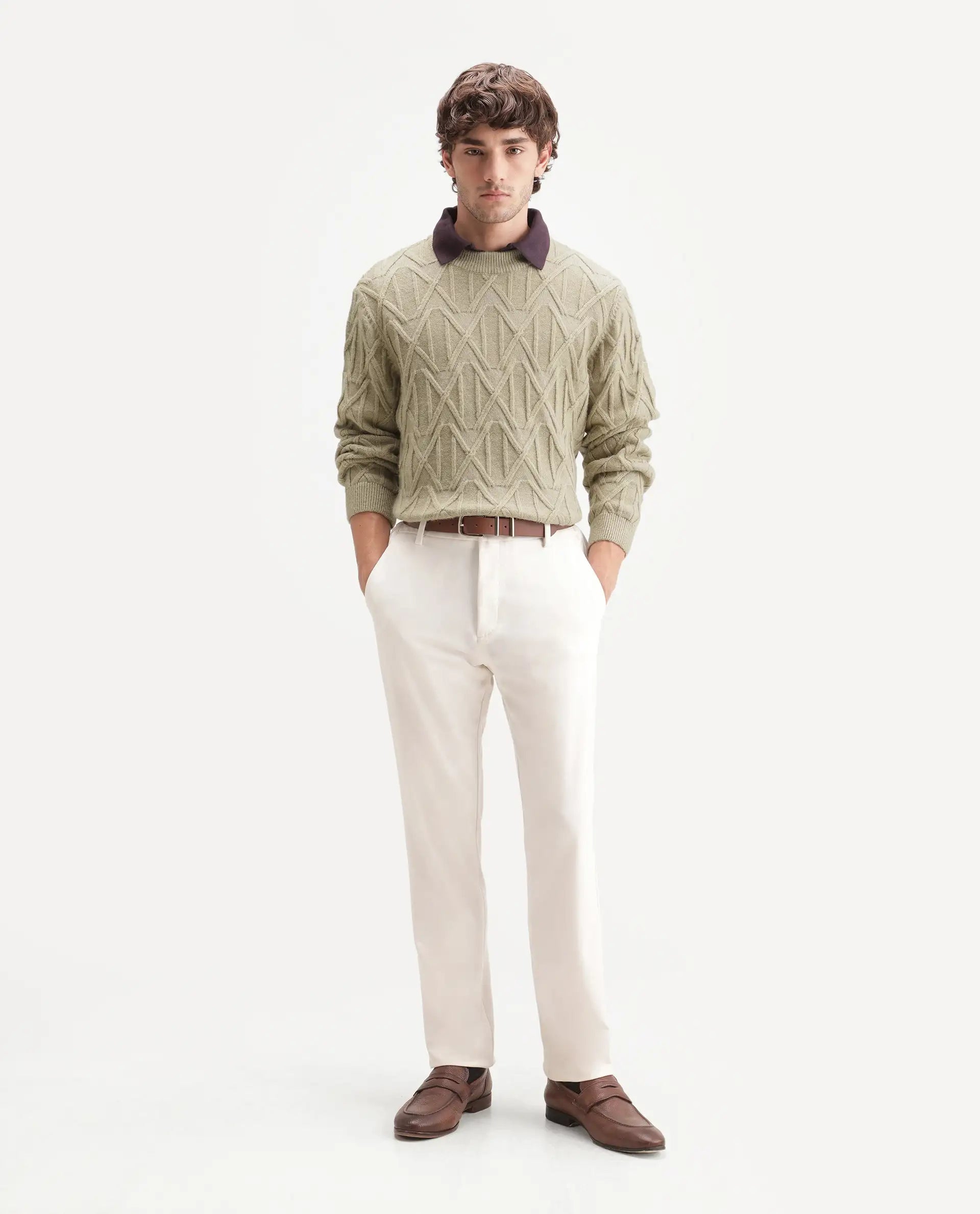 Rare Rabbit Men's Zayn Dusky Olive Acrylic Blend Crew Neck Regular Jacquard Print Sweater