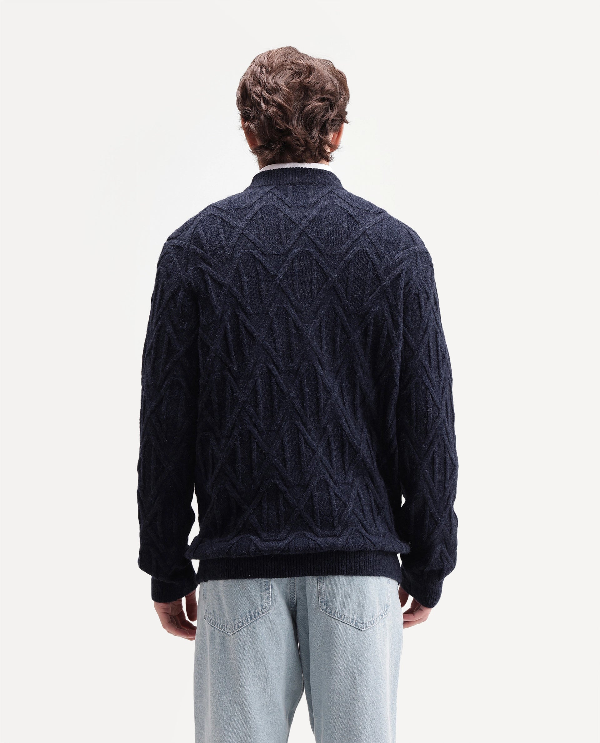 Rare Rabbit Men's Zayn Primary Navy Acrylic Blend Crew Neck Regular Jacquard Sweater