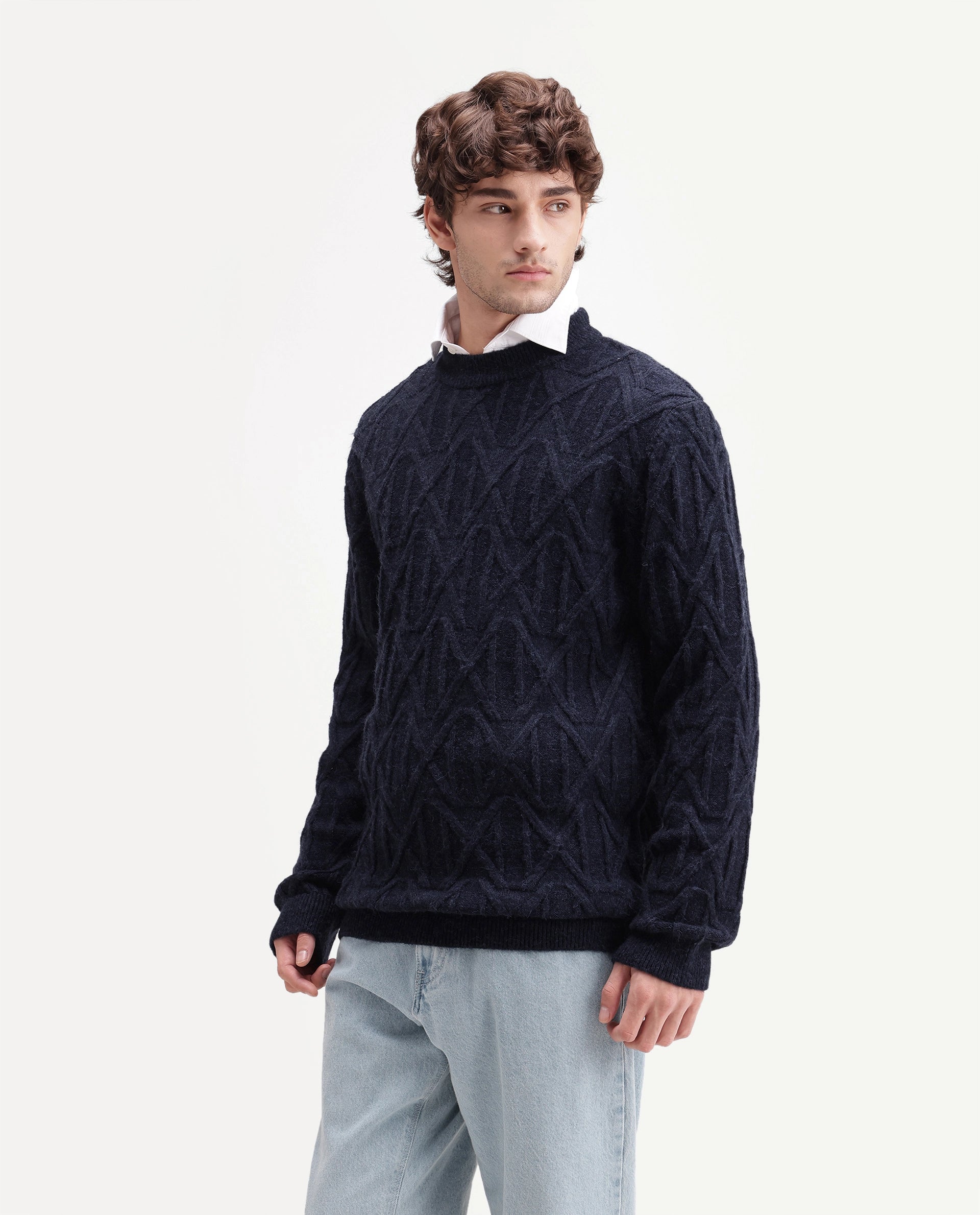 Rare Rabbit Men's Zayn Primary Navy Acrylic Blend Crew Neck Regular Jacquard Sweater