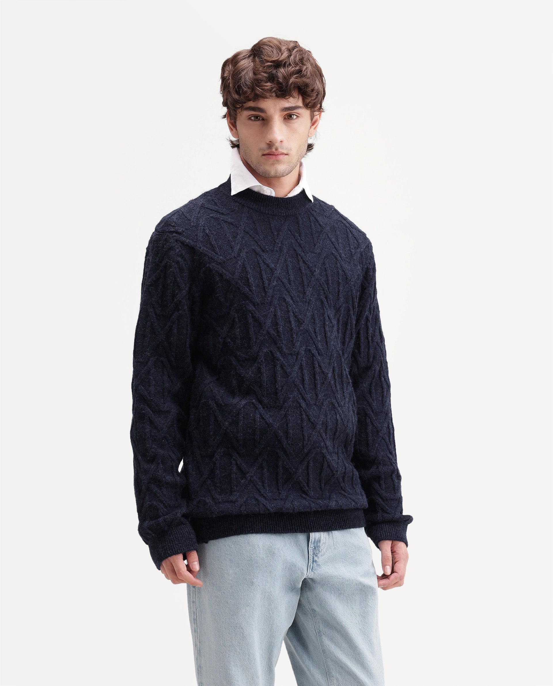 Rare Rabbit Men's Zayn Primary Navy Acrylic Blend Crew Neck Regular Jacquard Sweater