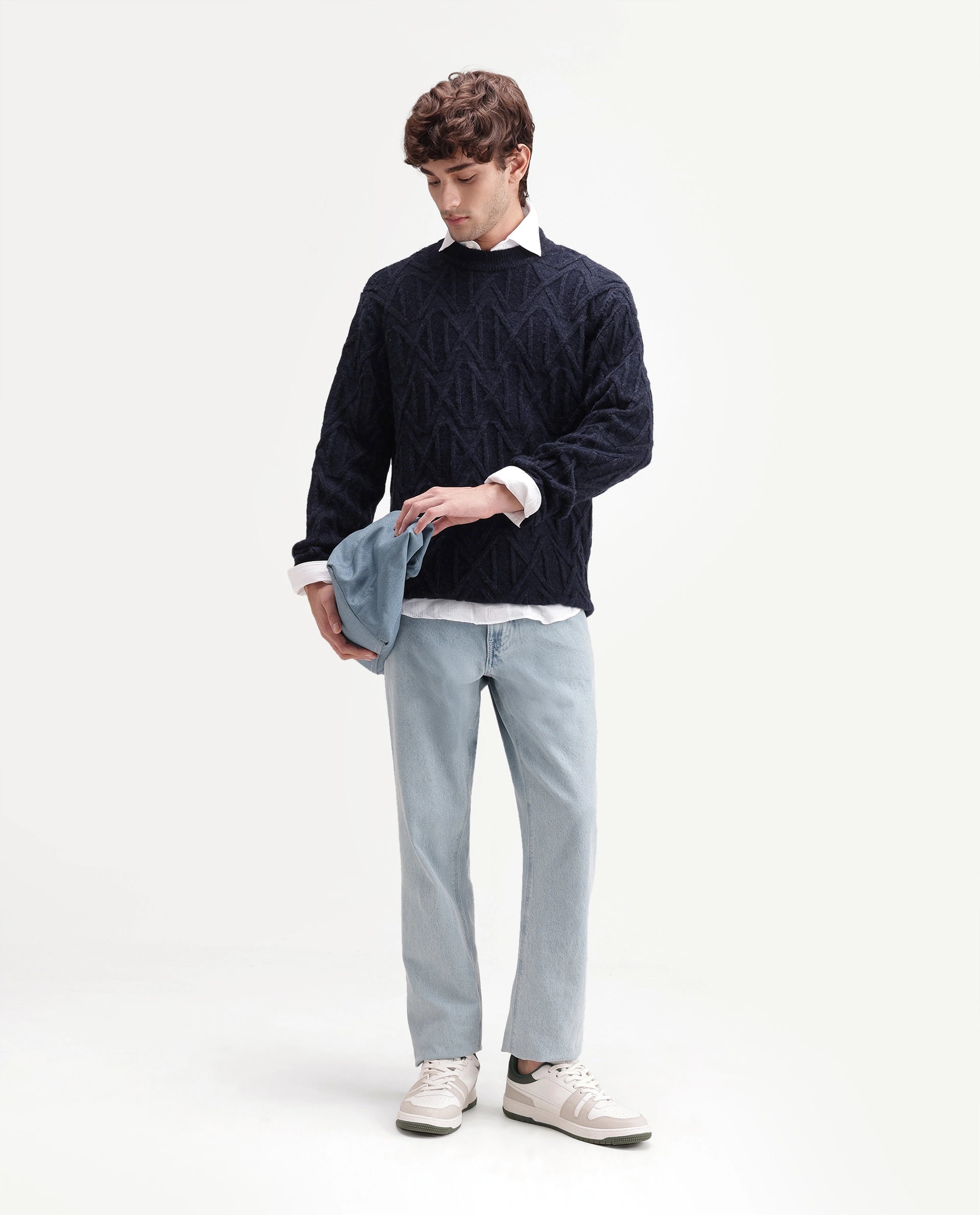 Rare Rabbit Men's Zayn Primary Navy Acrylic Blend Crew Neck Regular Jacquard Sweater