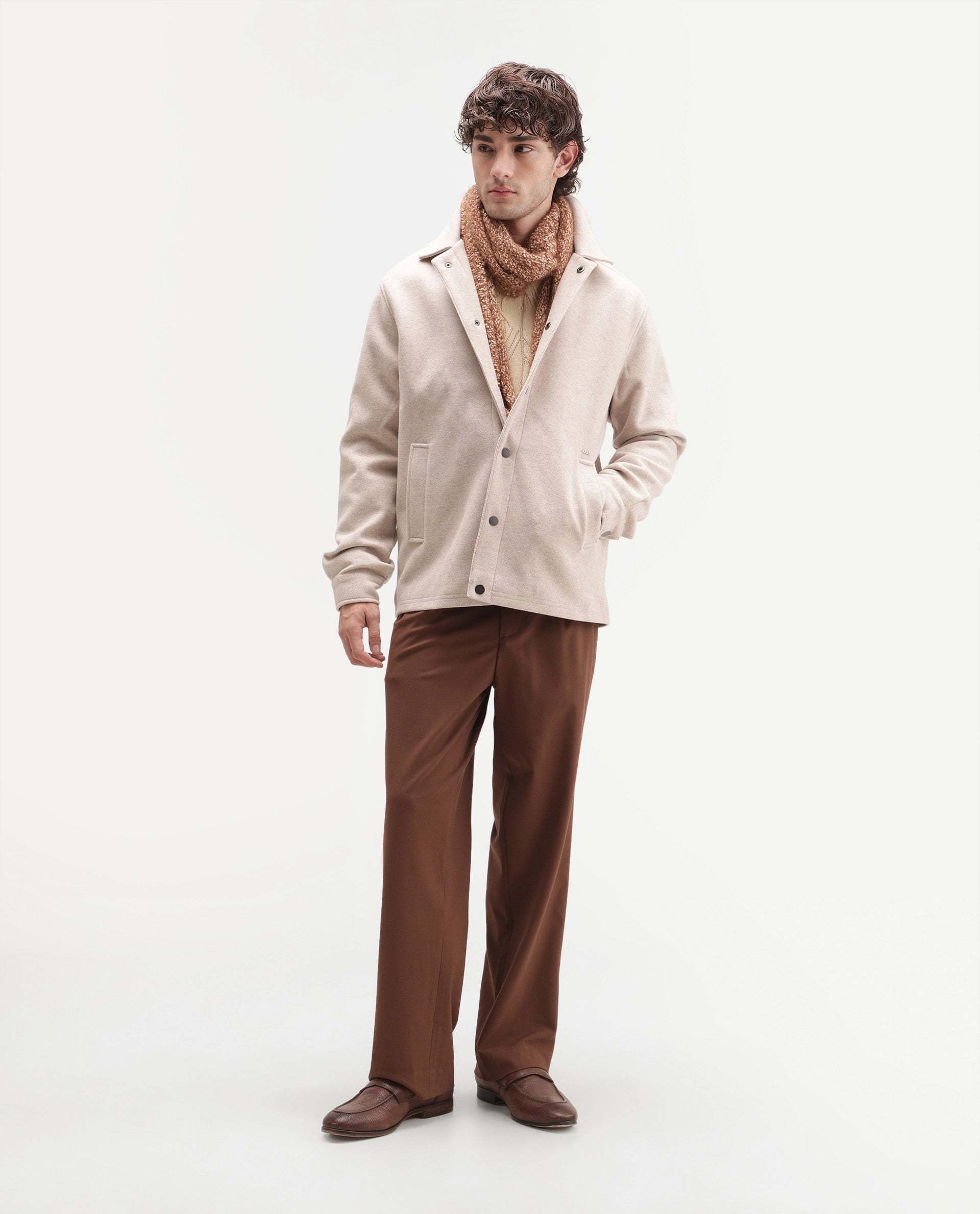 Rare Rabbit Men's Mahu Primary Beige Linen Blend Spread Collar Snap Regular Plain Jacket