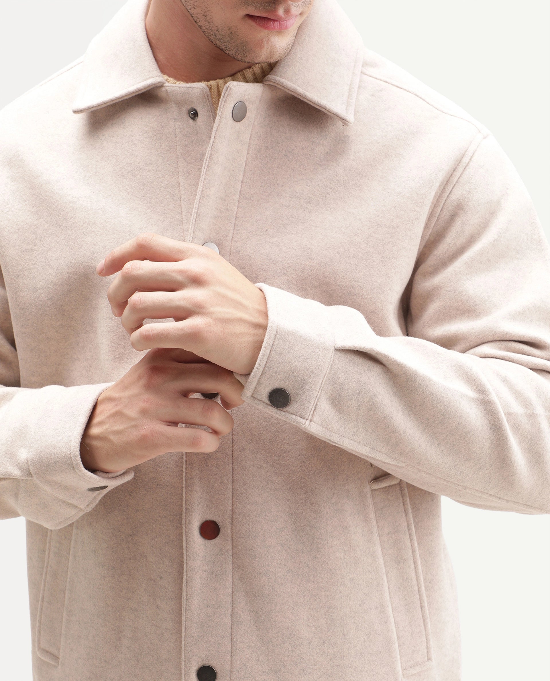 Rare Rabbit Men's Mahu Primary Beige Linen Blend Spread Collar Snap Regular Plain Jacket