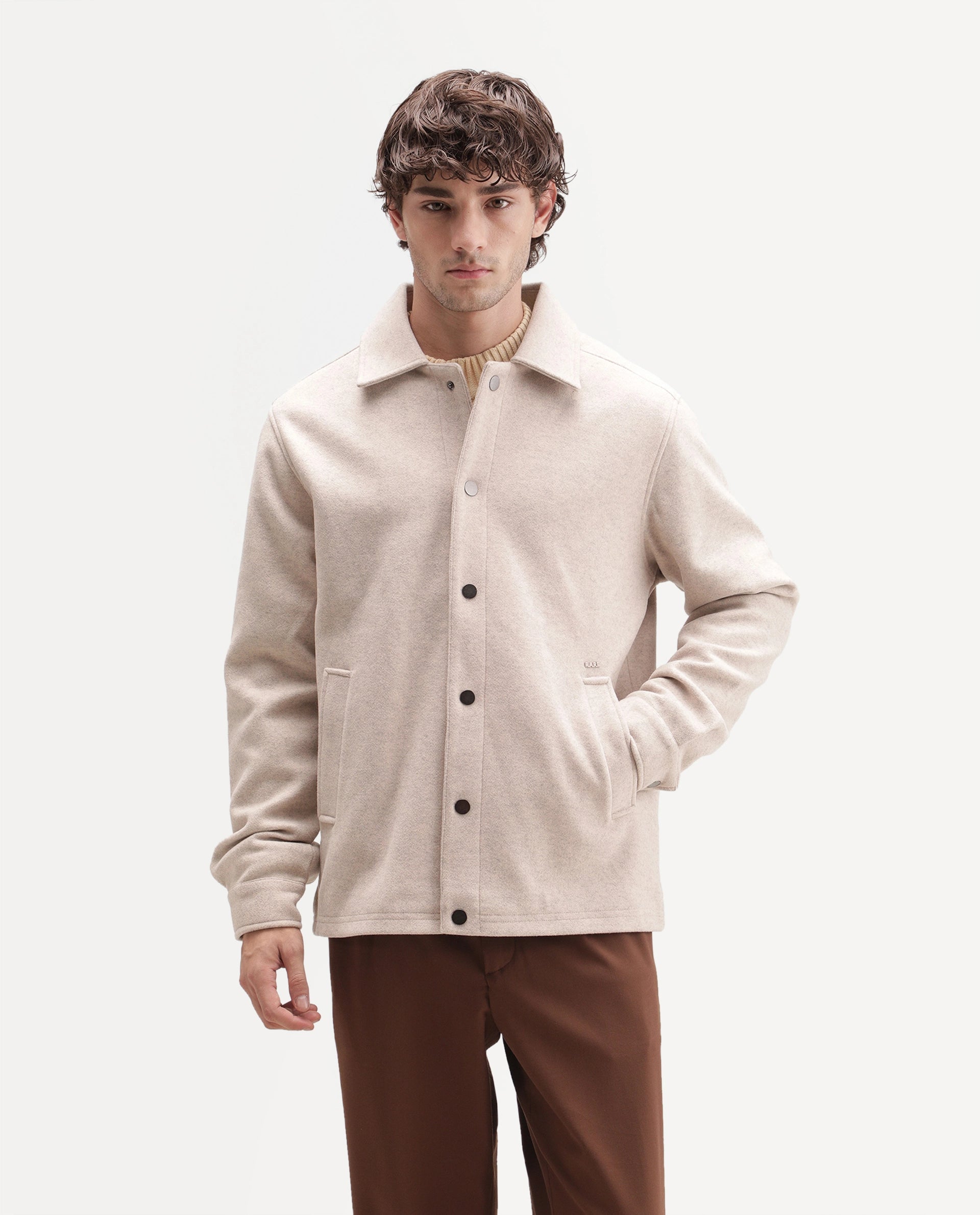 Rare Rabbit Men's Mahu Primary Beige Linen Blend Spread Collar Snap Regular Plain Jacket
