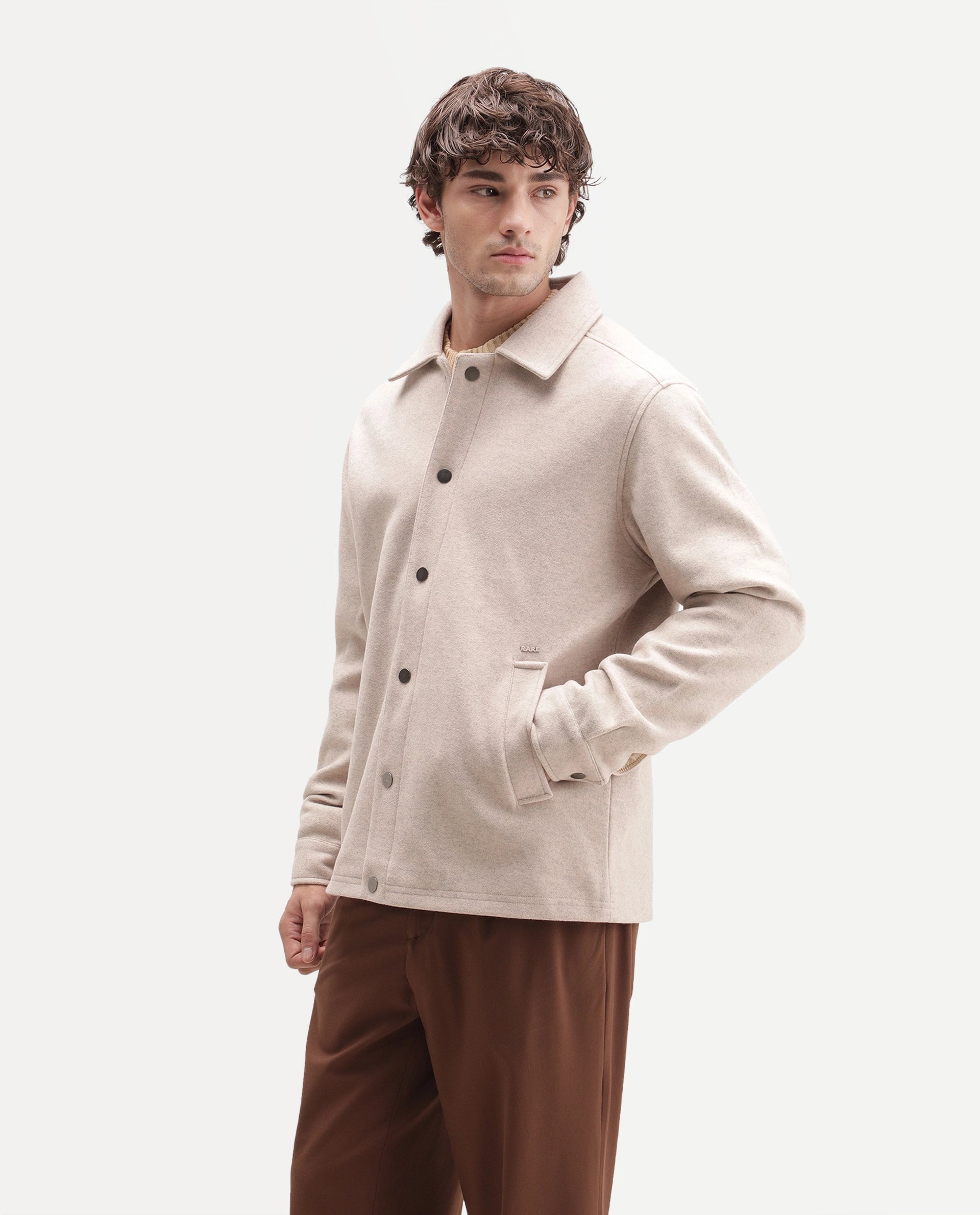 Rare Rabbit Men's Mahu Primary Beige Linen Blend Spread Collar Snap Regular Plain Jacket