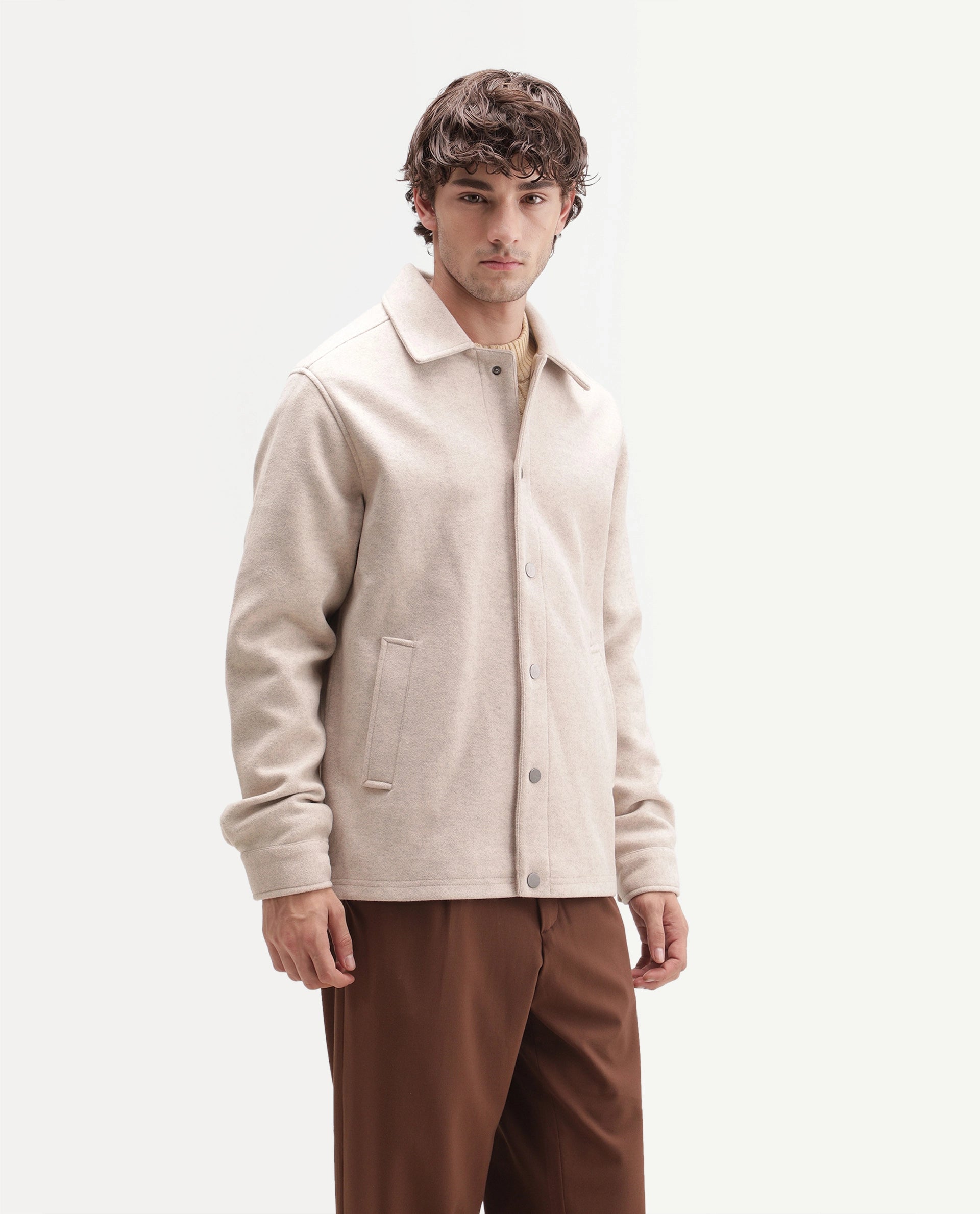 Rare Rabbit Men's Mahu Primary Beige Linen Blend Spread Collar Snap Regular Plain Jacket