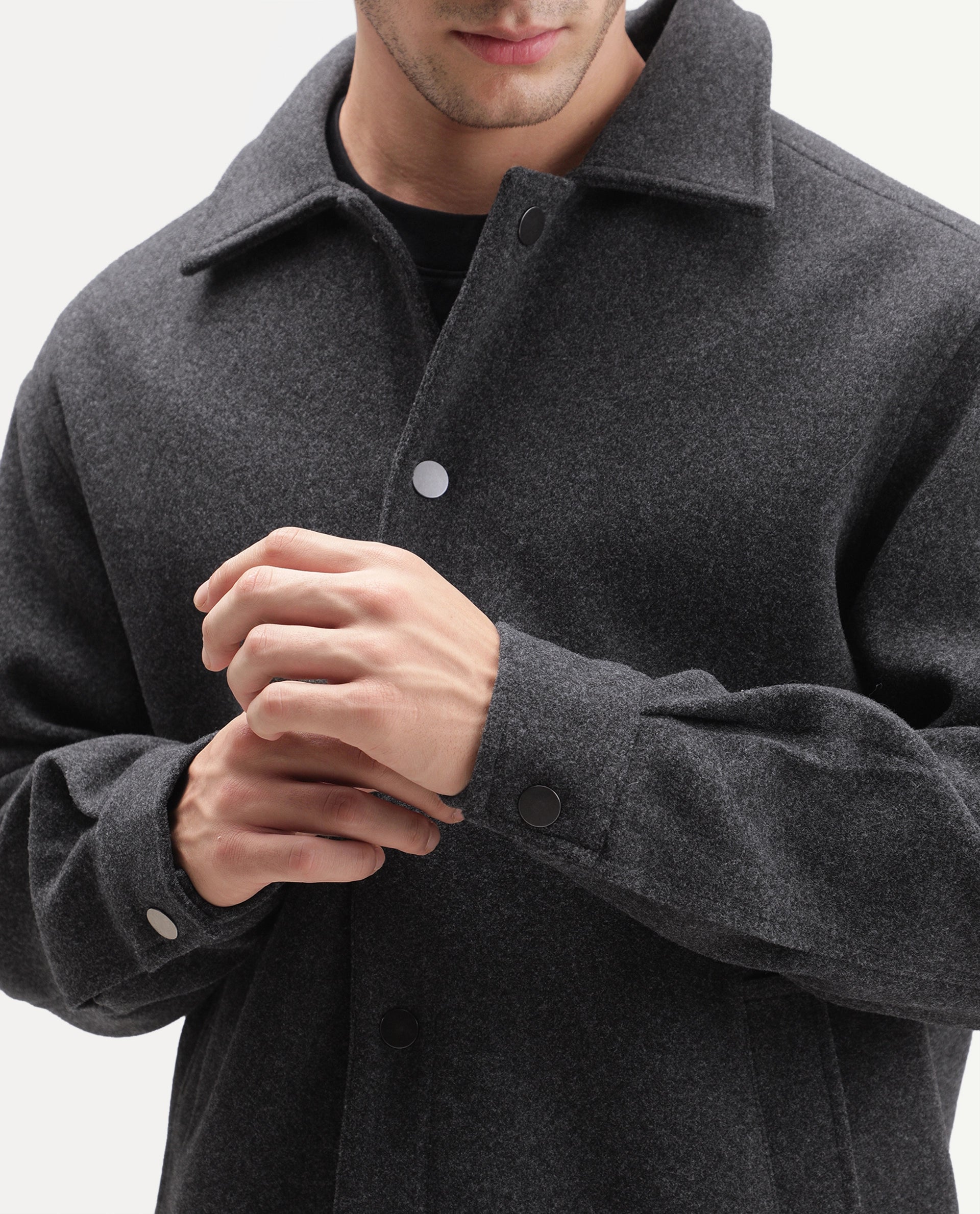 Rare Rabbit Men's Mahu Primary Grey Linen Blend Spread Collar Snap Regular Plain Jacket