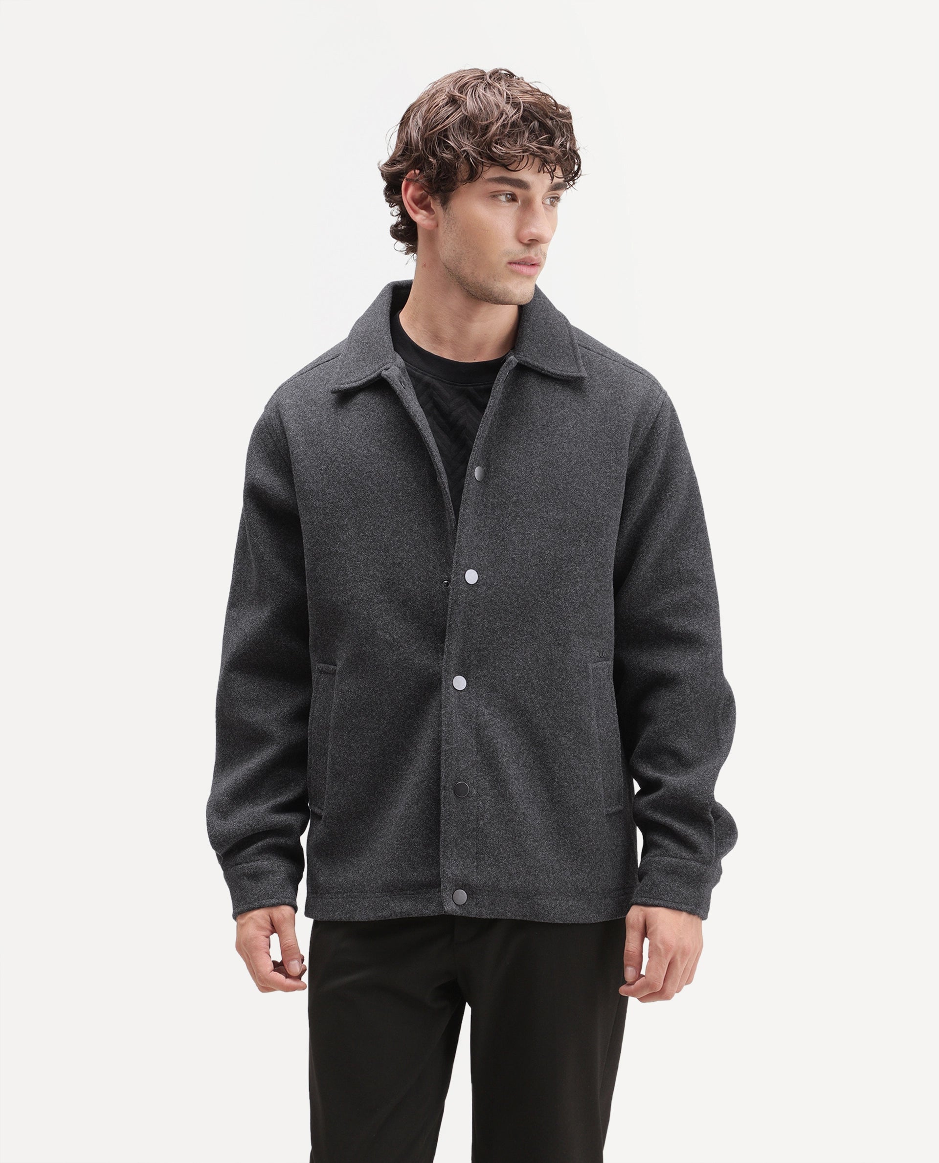 Rare Rabbit Men's Mahu Primary Grey Linen Blend Spread Collar Snap Regular Plain Jacket