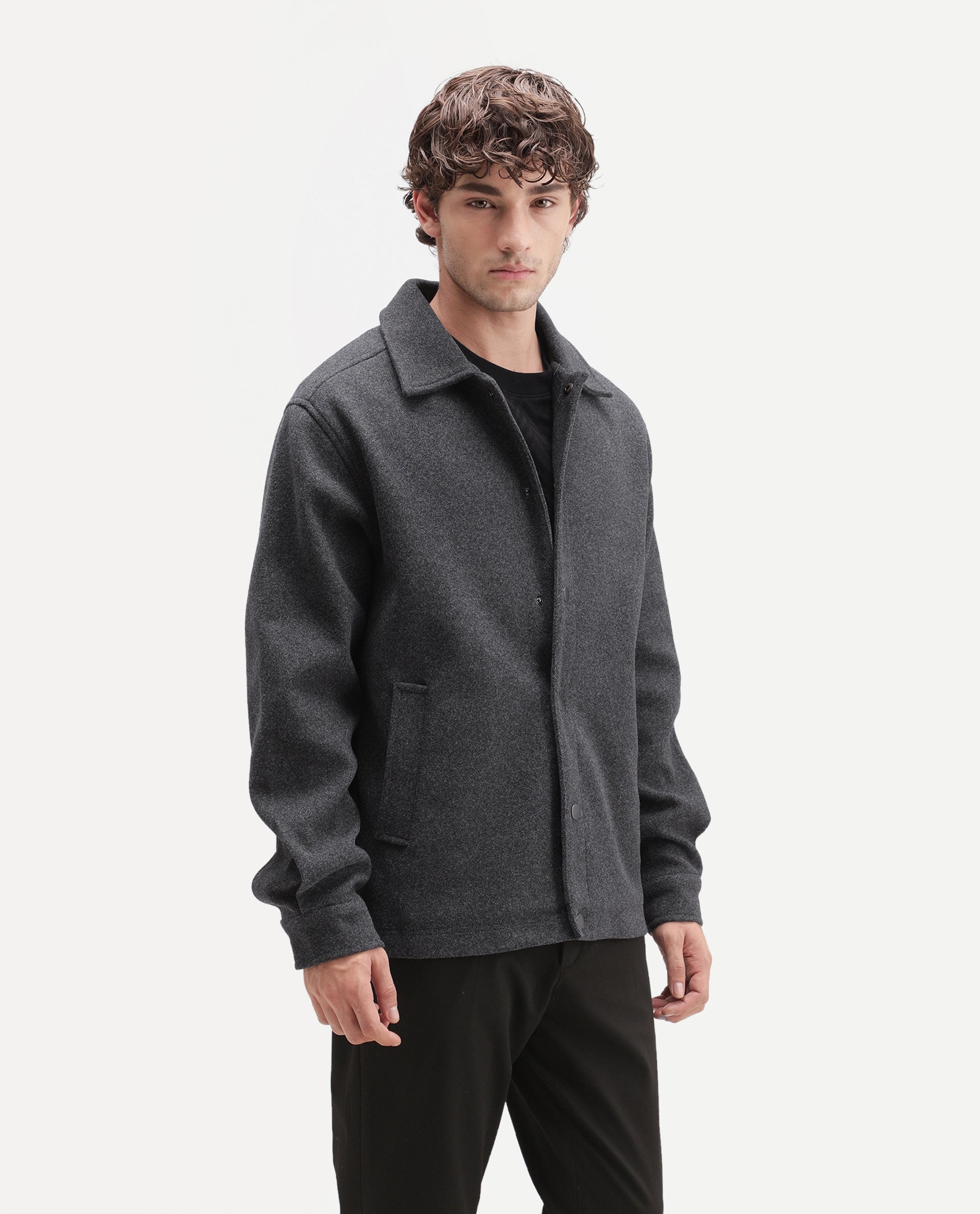 Rare Rabbit Men's Mahu Primary Grey Linen Blend Spread Collar Snap Regular Plain Jacket