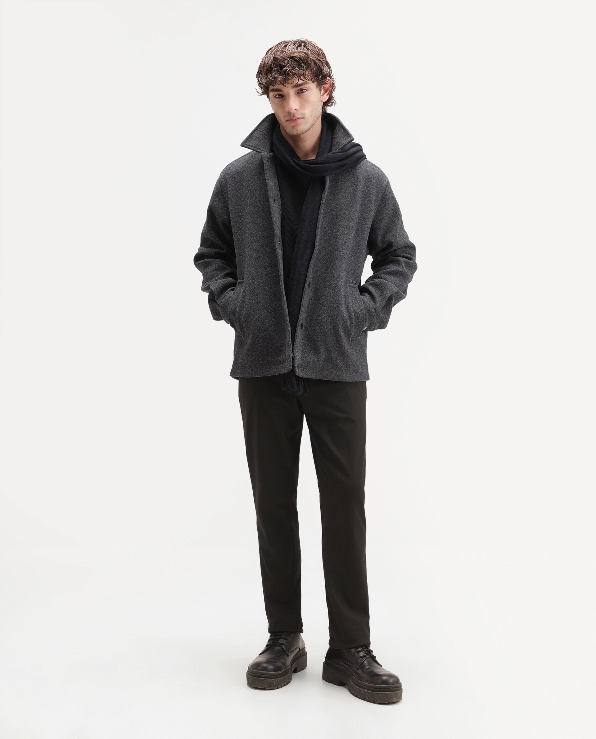 Rare Rabbit Men's Mahu Primary Grey Linen Blend Spread Collar Snap Regular Plain Jacket