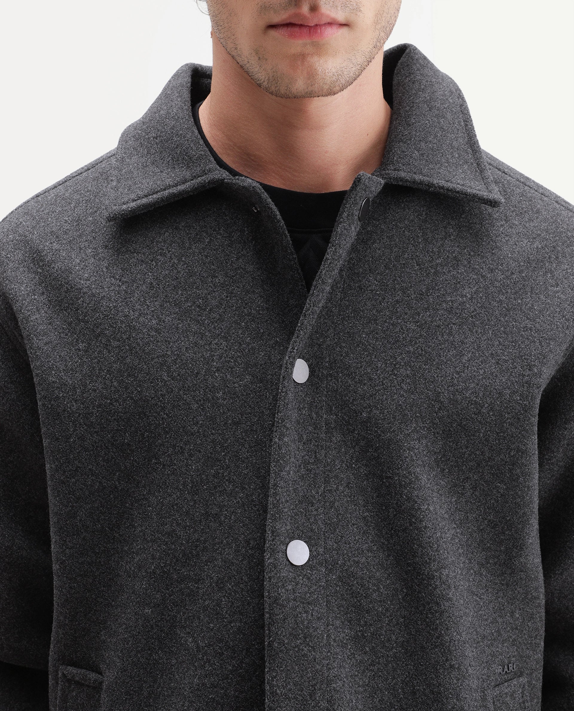 Rare Rabbit Men's Mahu Primary Grey Linen Blend Spread Collar Snap Regular Plain Jacket