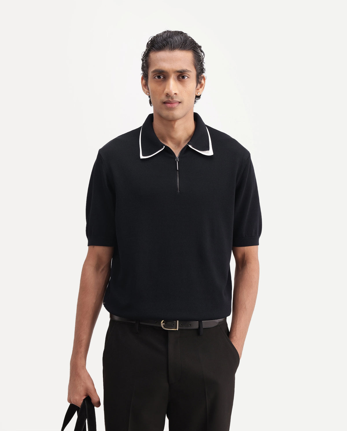 Rare Rabbit Men's Soren Black Viscose Blend Spread Collar Regular Plain Polo - image 1