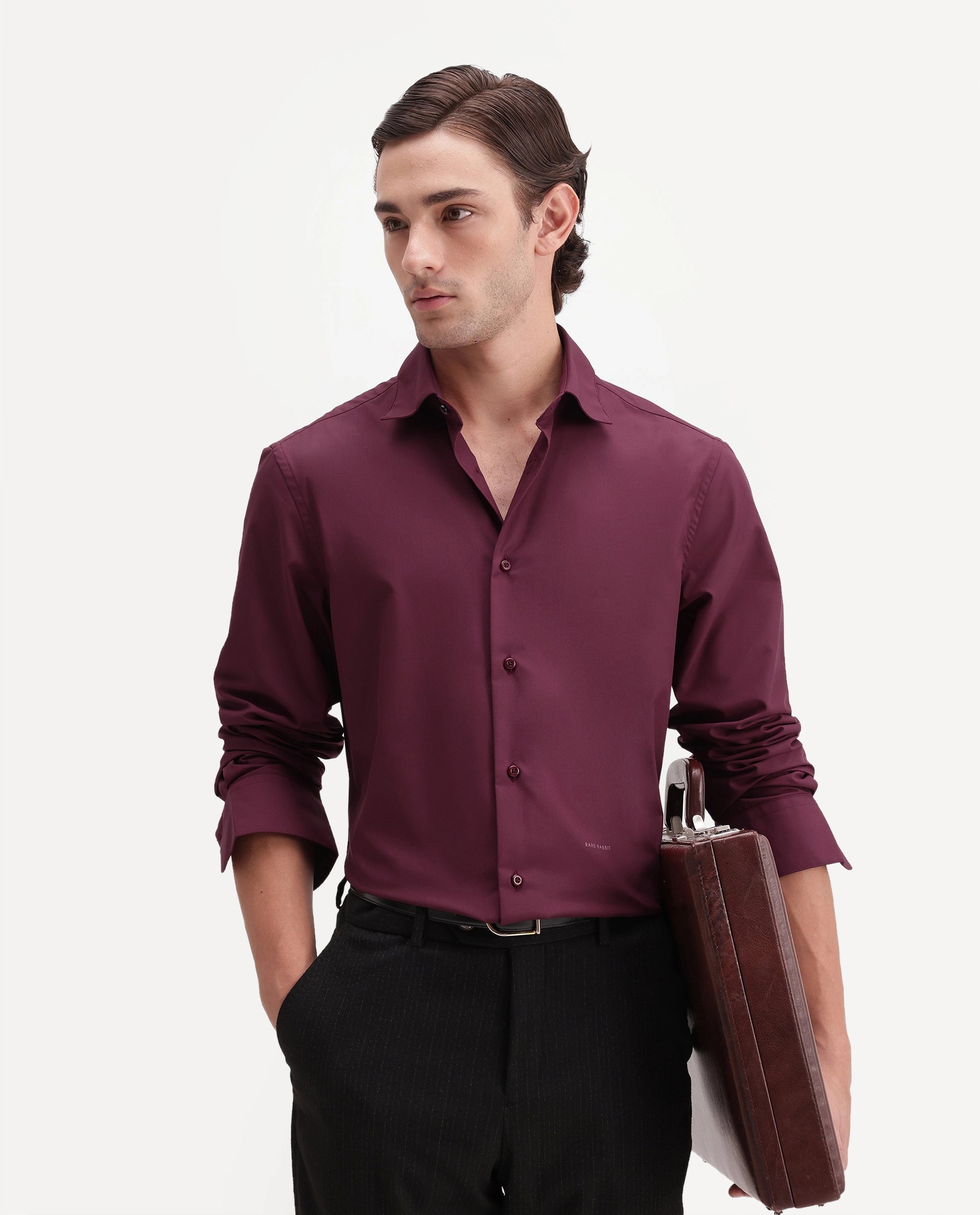 Rare Rabbit Men's Rovin Primary Maroon Polyester Blend Spread Collar Button Regular Plain Shirt