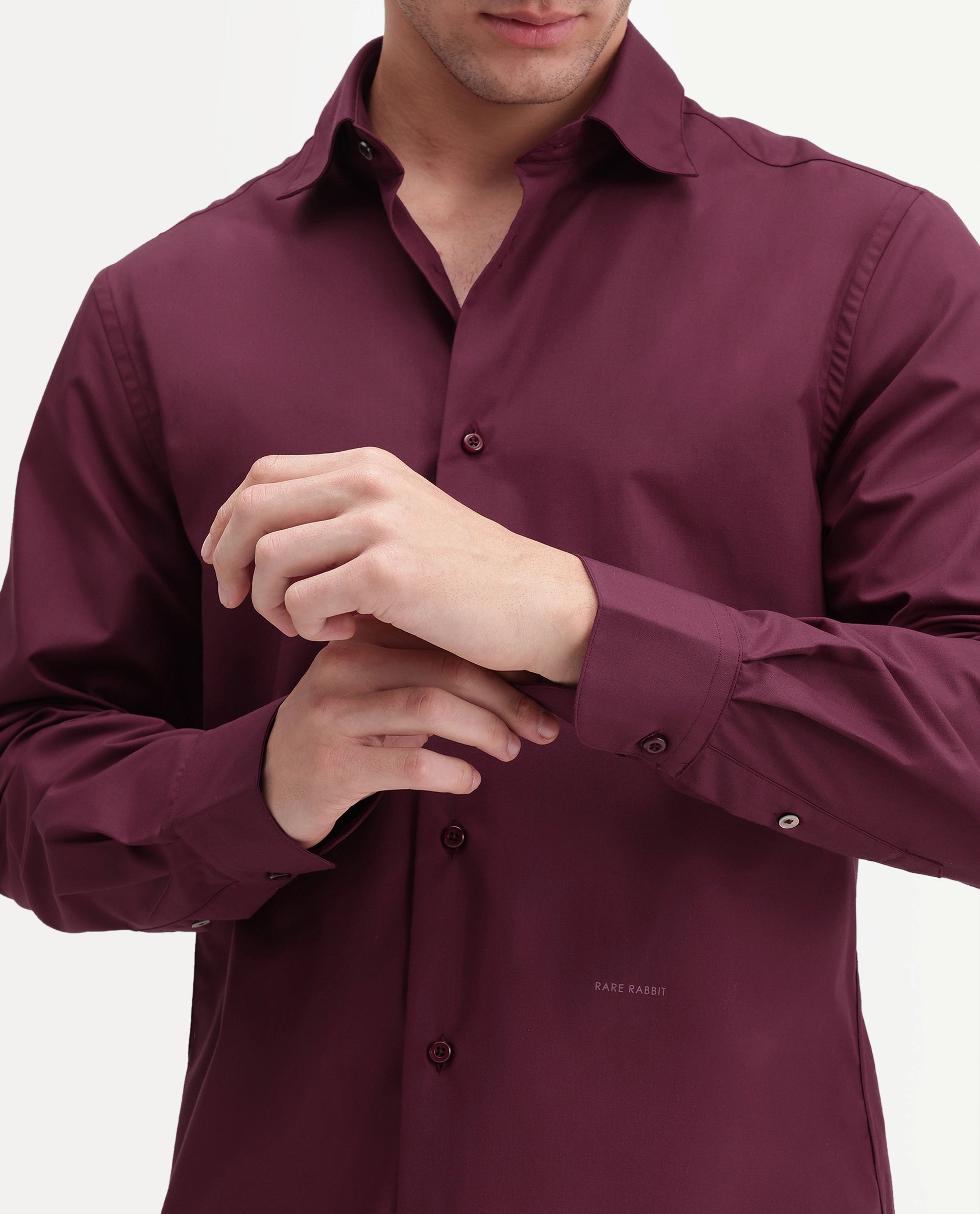 Rare Rabbit Men's Rovin Primary Maroon Polyester Blend Spread Collar Button Regular Plain Shirt