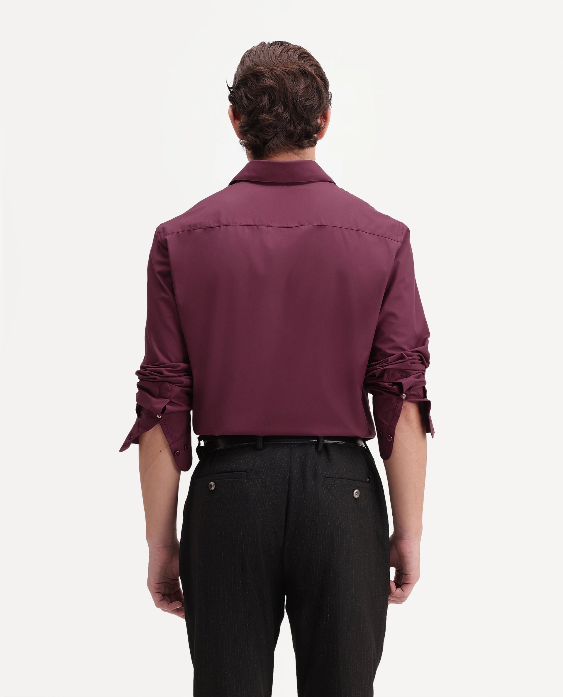 Rare Rabbit Men's Rovin Primary Maroon Polyester Blend Spread Collar Button Regular Plain Shirt