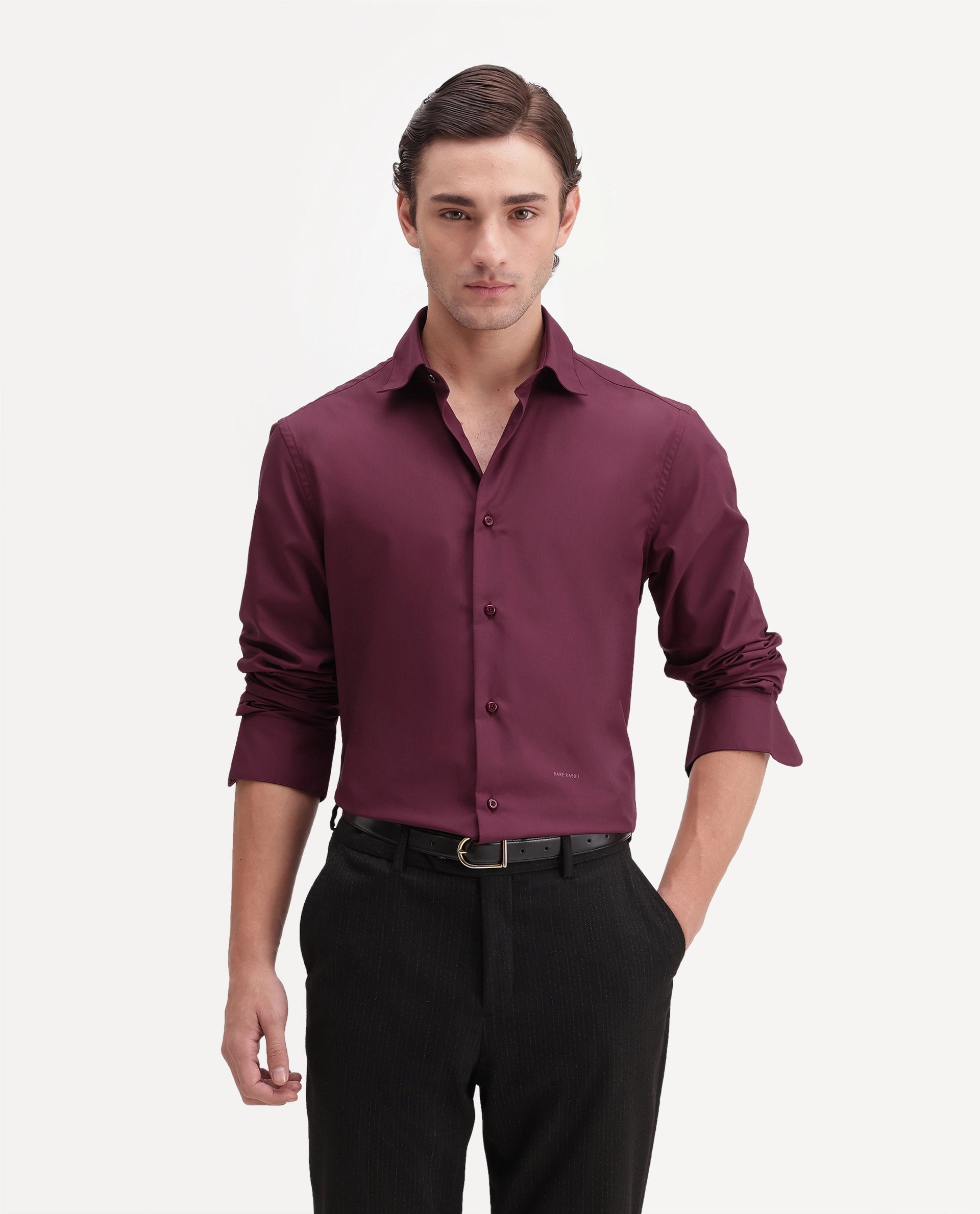 Rare Rabbit Men's Rovin Primary Maroon Polyester Blend Spread Collar Button Regular Plain Shirt