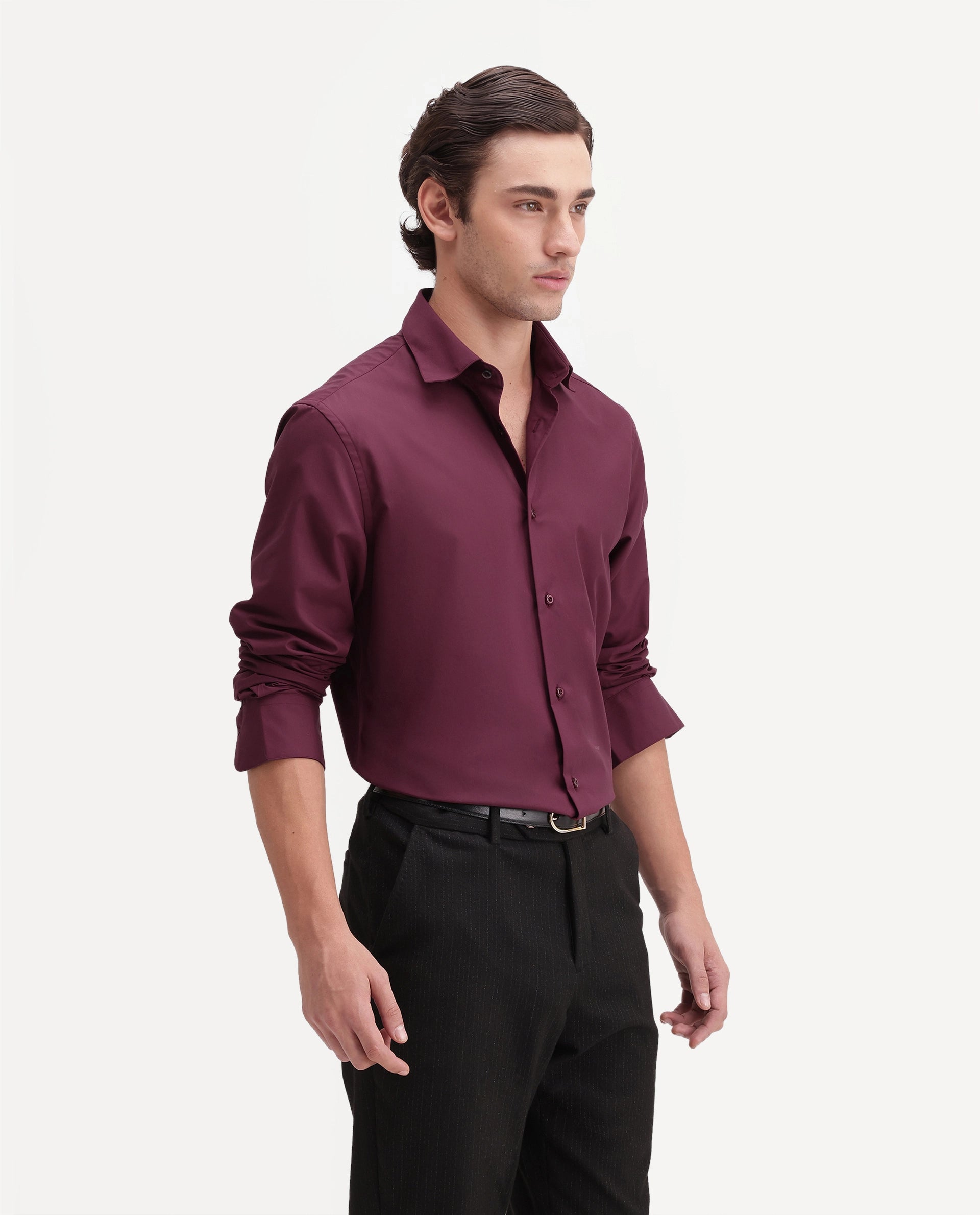 Rare Rabbit Men's Rovin Primary Maroon Polyester Blend Spread Collar Button Regular Plain Shirt