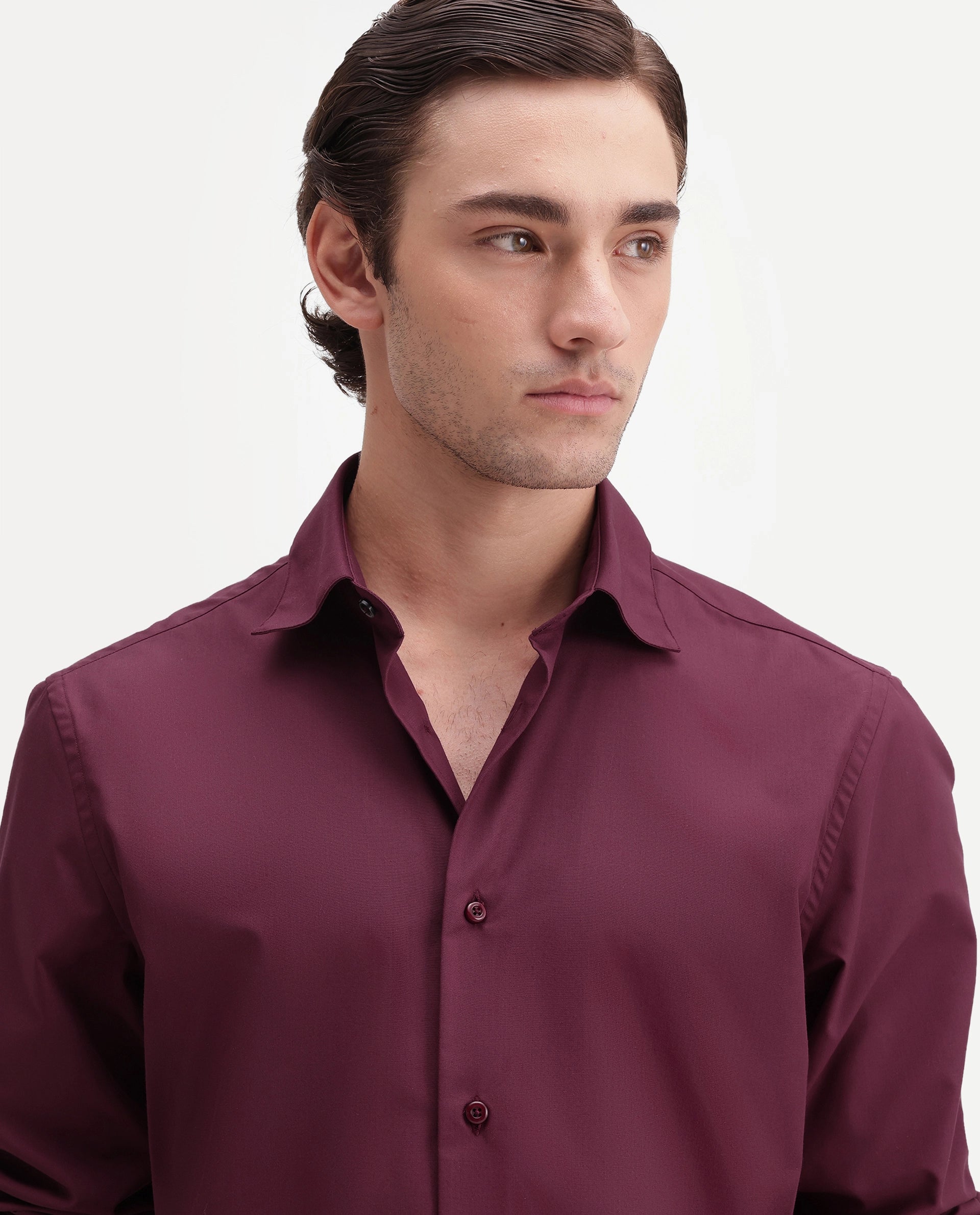 Rare Rabbit Men's Rovin Primary Maroon Polyester Blend Spread Collar Button Regular Plain Shirt
