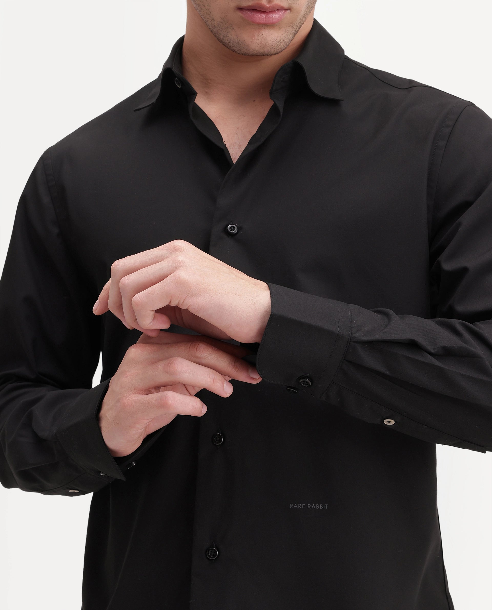 Rare Rabbit Men's Rovin Primary Black Polyester Blend Spread Collar Button Regular Plain Shirt