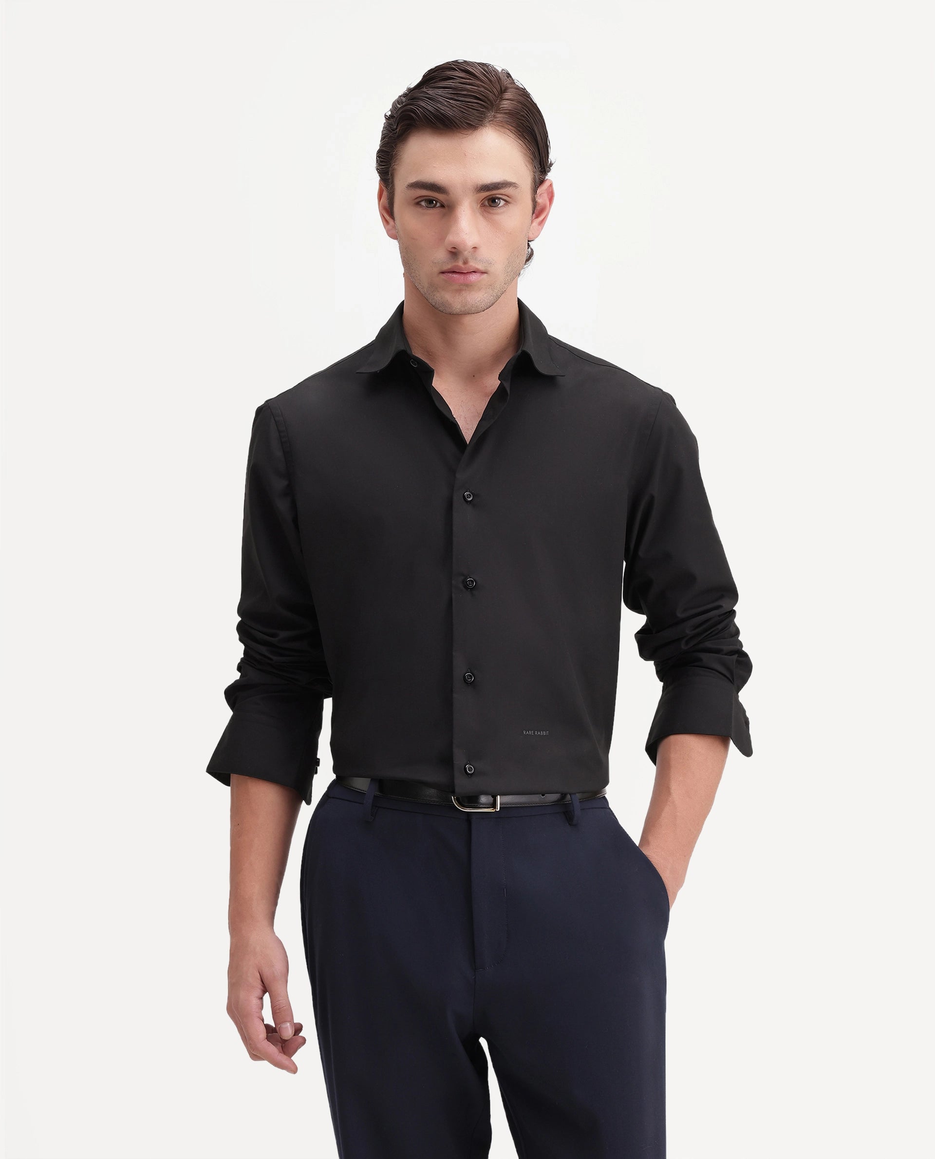 Rare Rabbit Men's Rovin Primary Black Polyester Blend Spread Collar Button Regular Plain Shirt