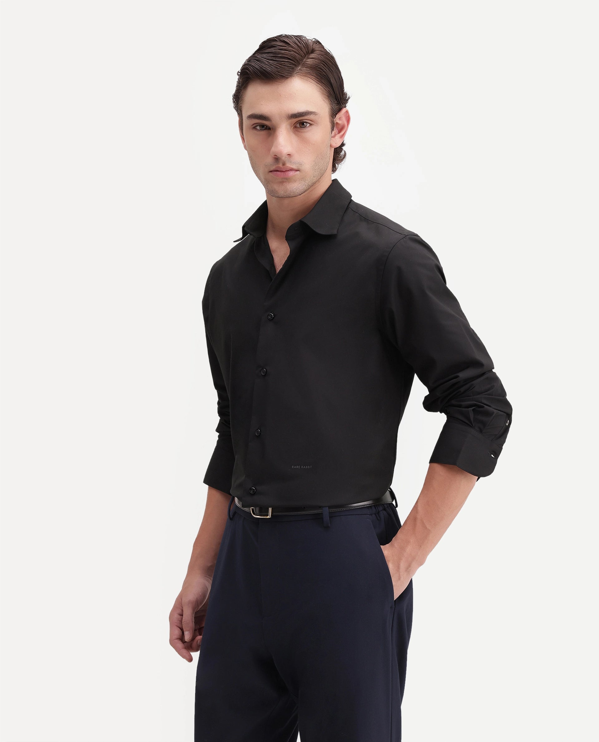 Rare Rabbit Men's Rovin Primary Black Polyester Blend Spread Collar Button Regular Plain Shirt