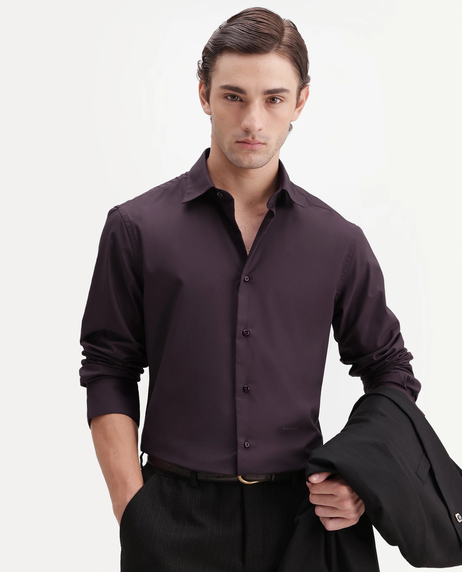 Rare Rabbit Men's Rovin Dark Brown Polyester Blend Spread Collar Button Regular Plain Shirt