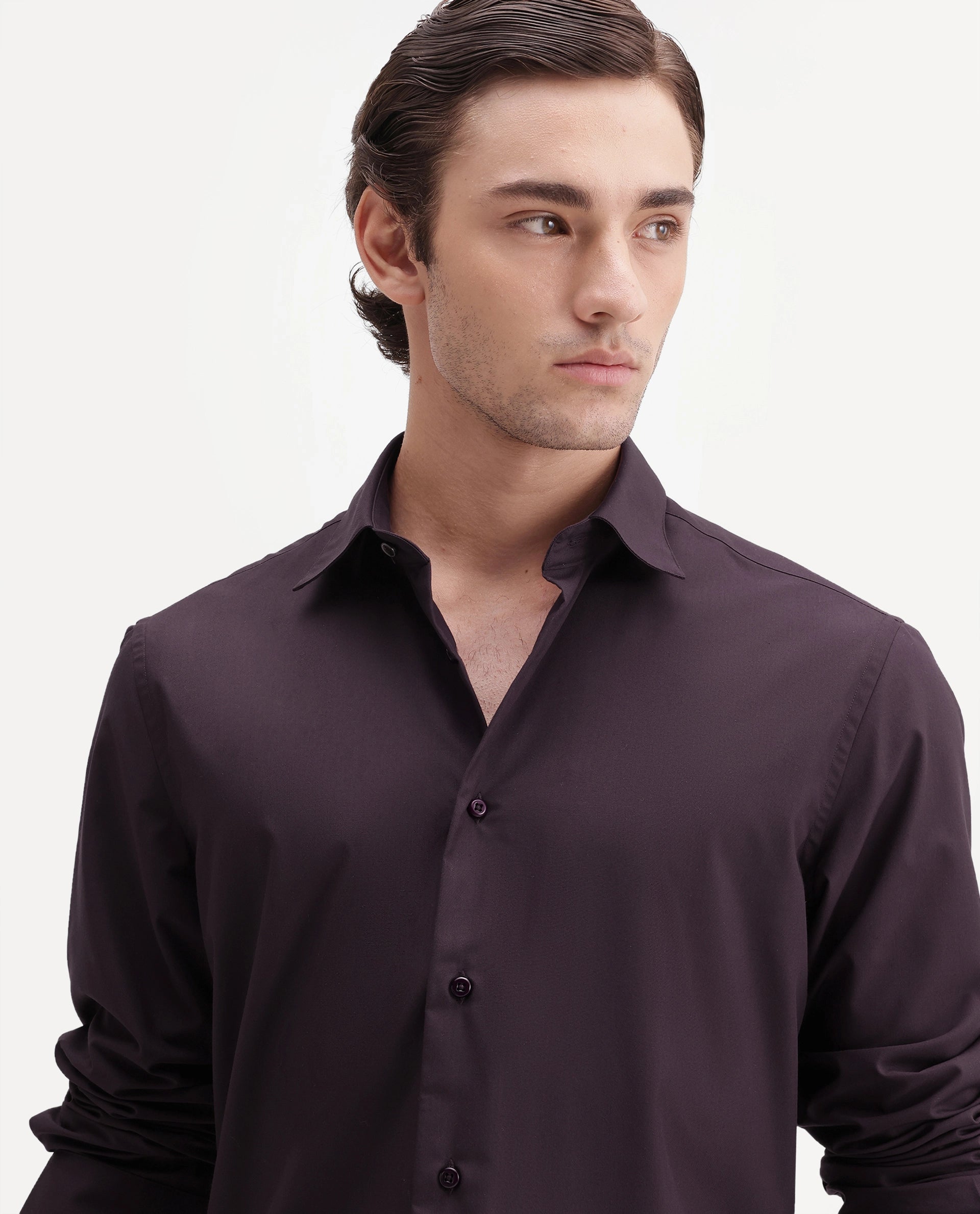 Rare Rabbit Men's Rovin Dark Brown Polyester Blend Spread Collar Button Regular Plain Shirt