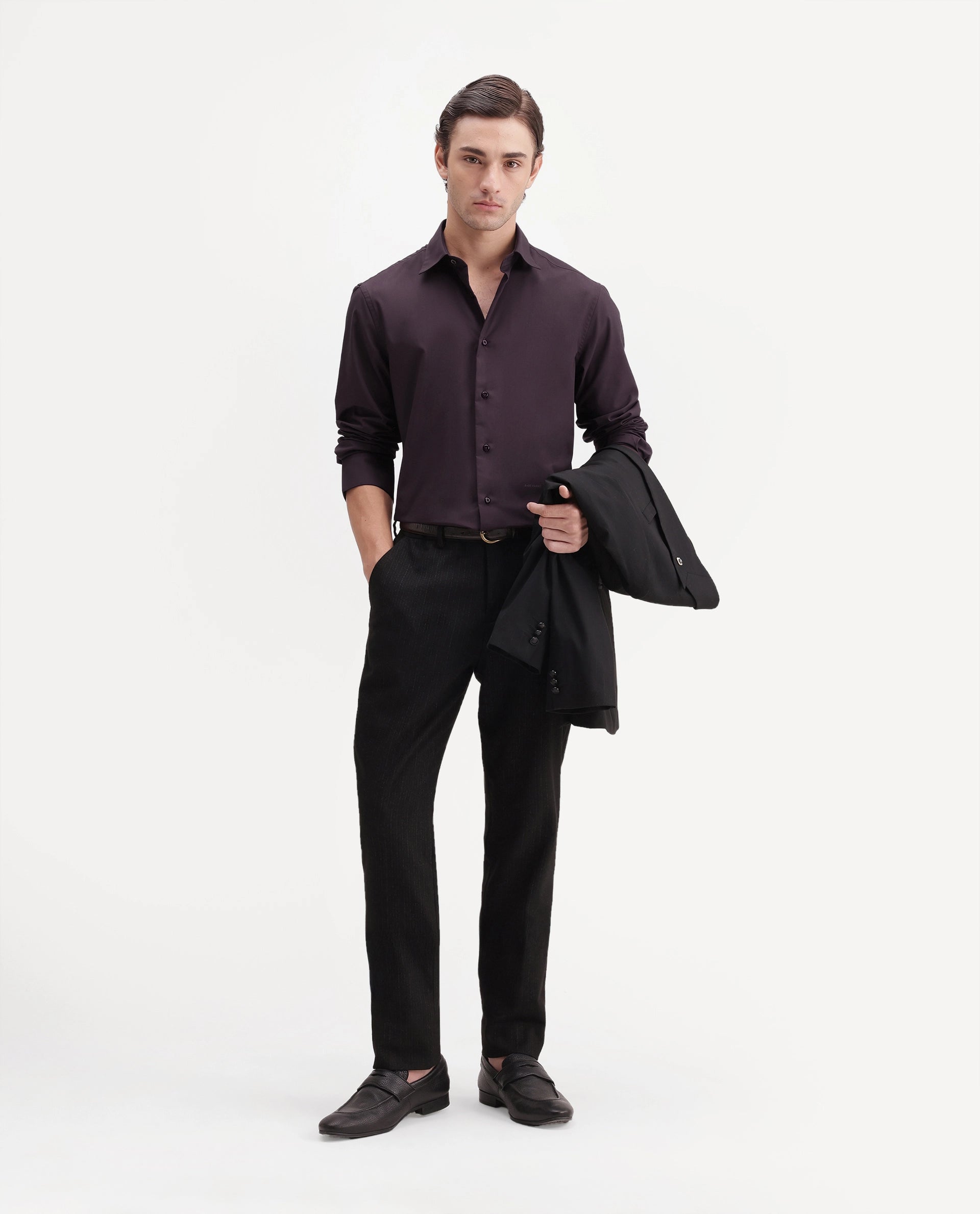 Rare Rabbit Men's Rovin Dark Brown Polyester Blend Spread Collar Button Regular Plain Shirt