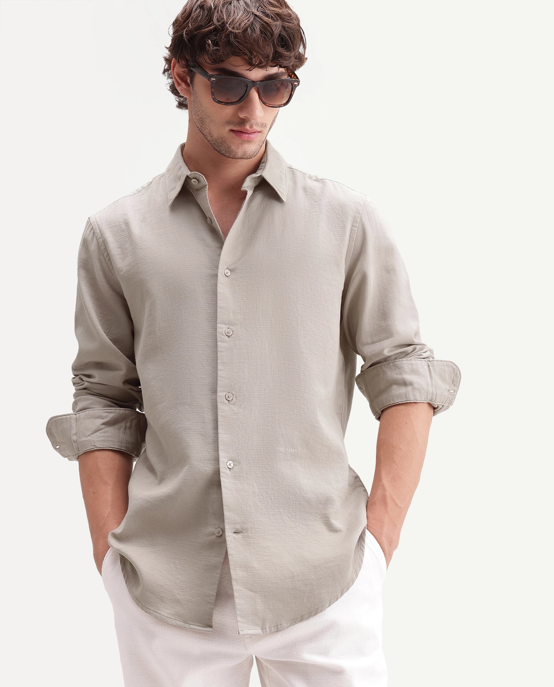 Rare Rabbit Men's Ryv Primary Khaki Cotton Spread Collar Button Regular Plain Shirt