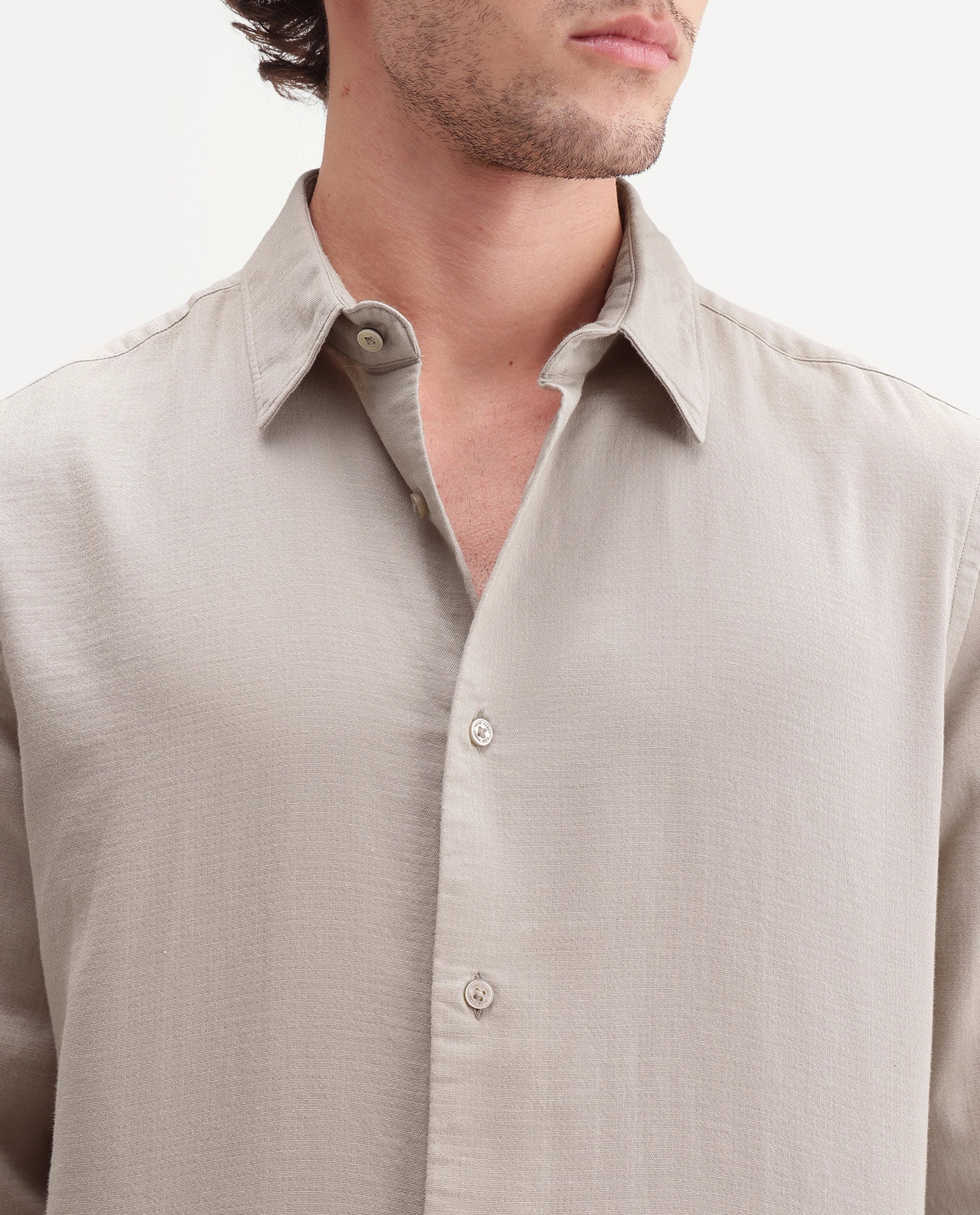 Rare Rabbit Men's Ryv Primary Khaki Cotton Spread Collar Button Regular Plain Shirt