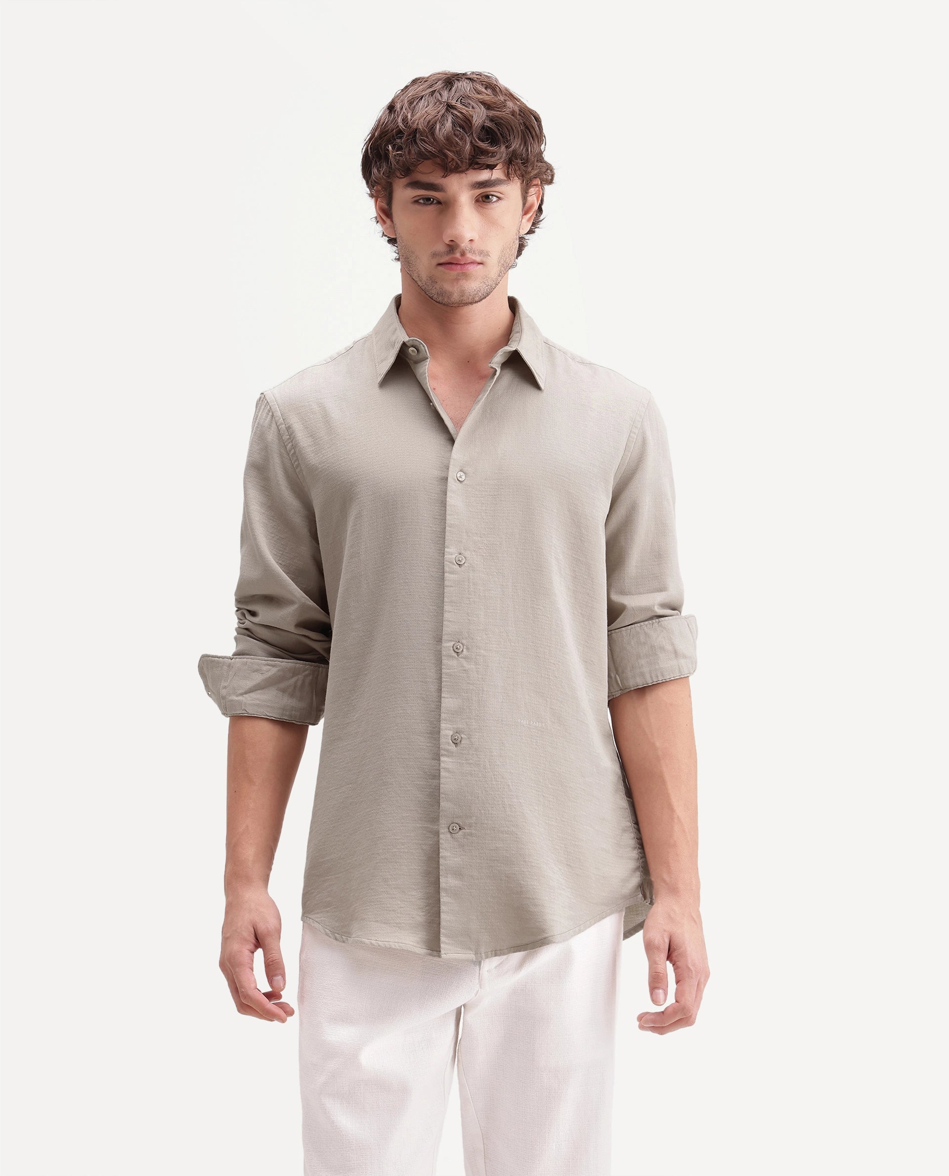 Rare Rabbit Men's Ryv Primary Khaki Cotton Spread Collar Button Regular Plain Shirt