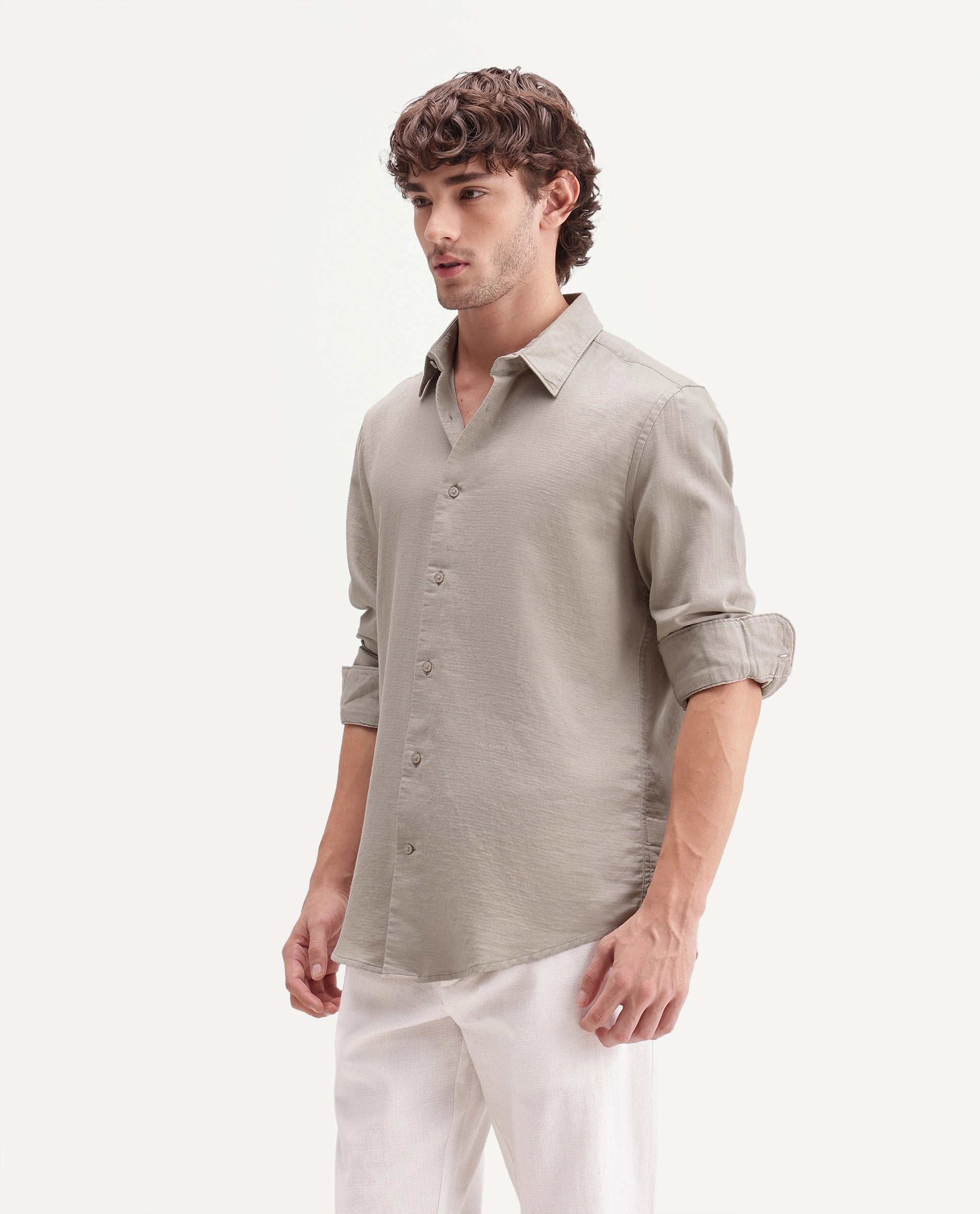 Rare Rabbit Men's Ryv Primary Khaki Cotton Spread Collar Button Regular Plain Shirt