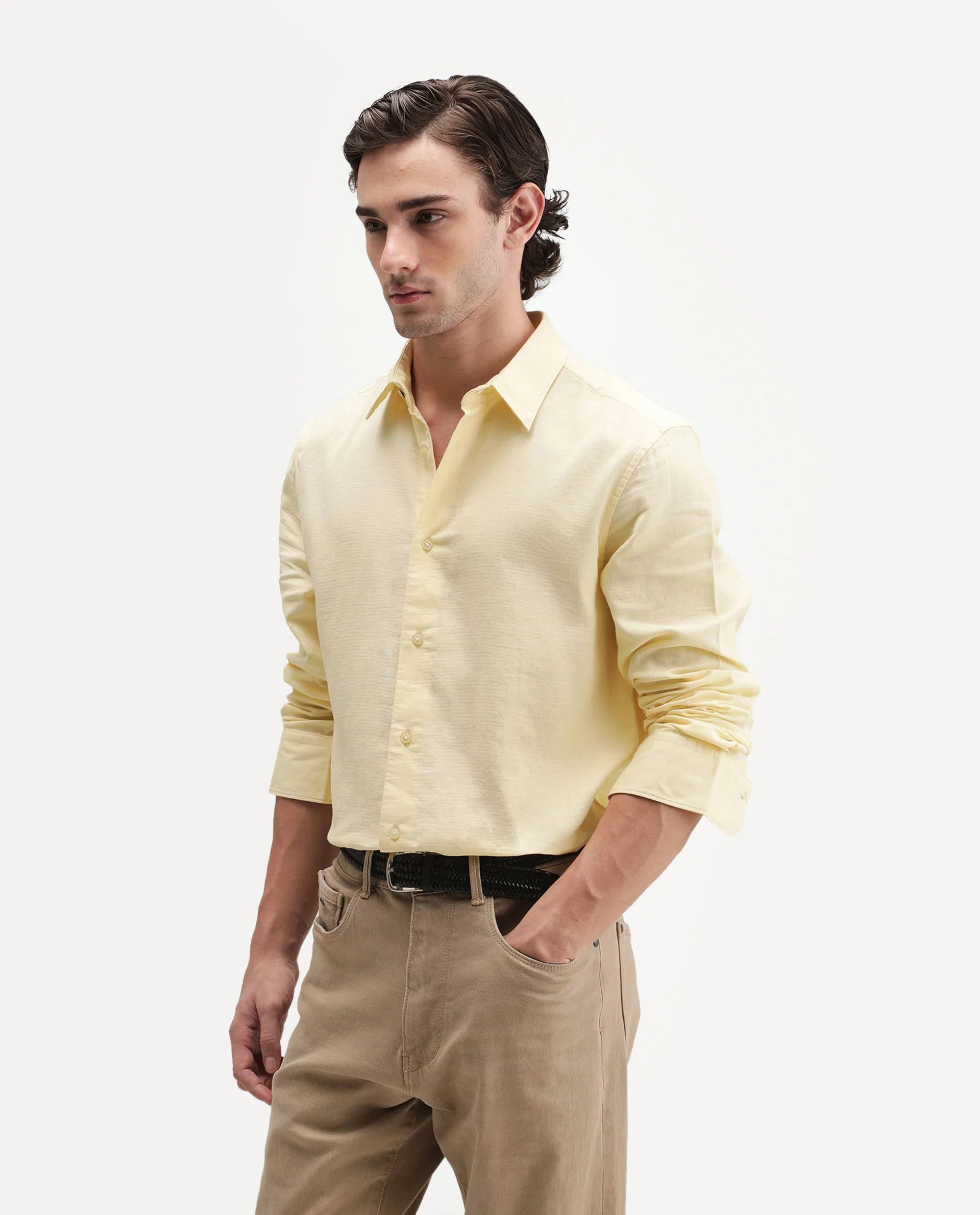 Rare Rabbit Men's Ryv Light Yellow Cotton Spread Collar Button Regular Plain Shirt