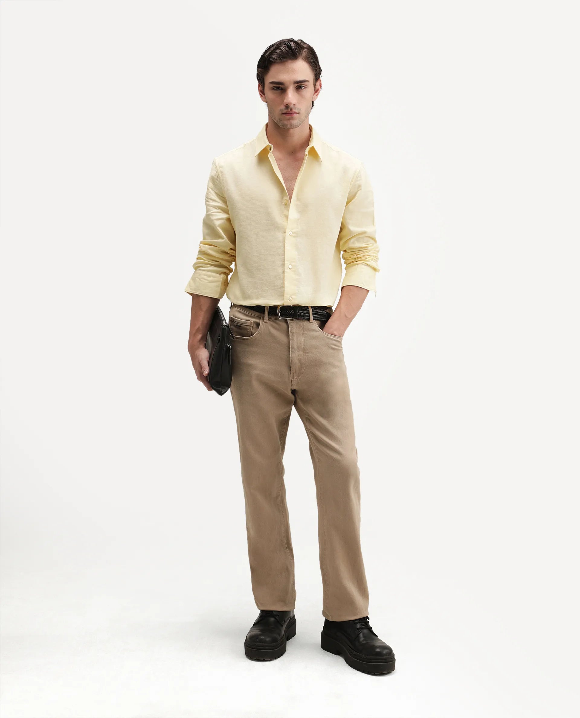 Rare Rabbit Men's Ryv Light Yellow Cotton Spread Collar Button Regular Plain Shirt