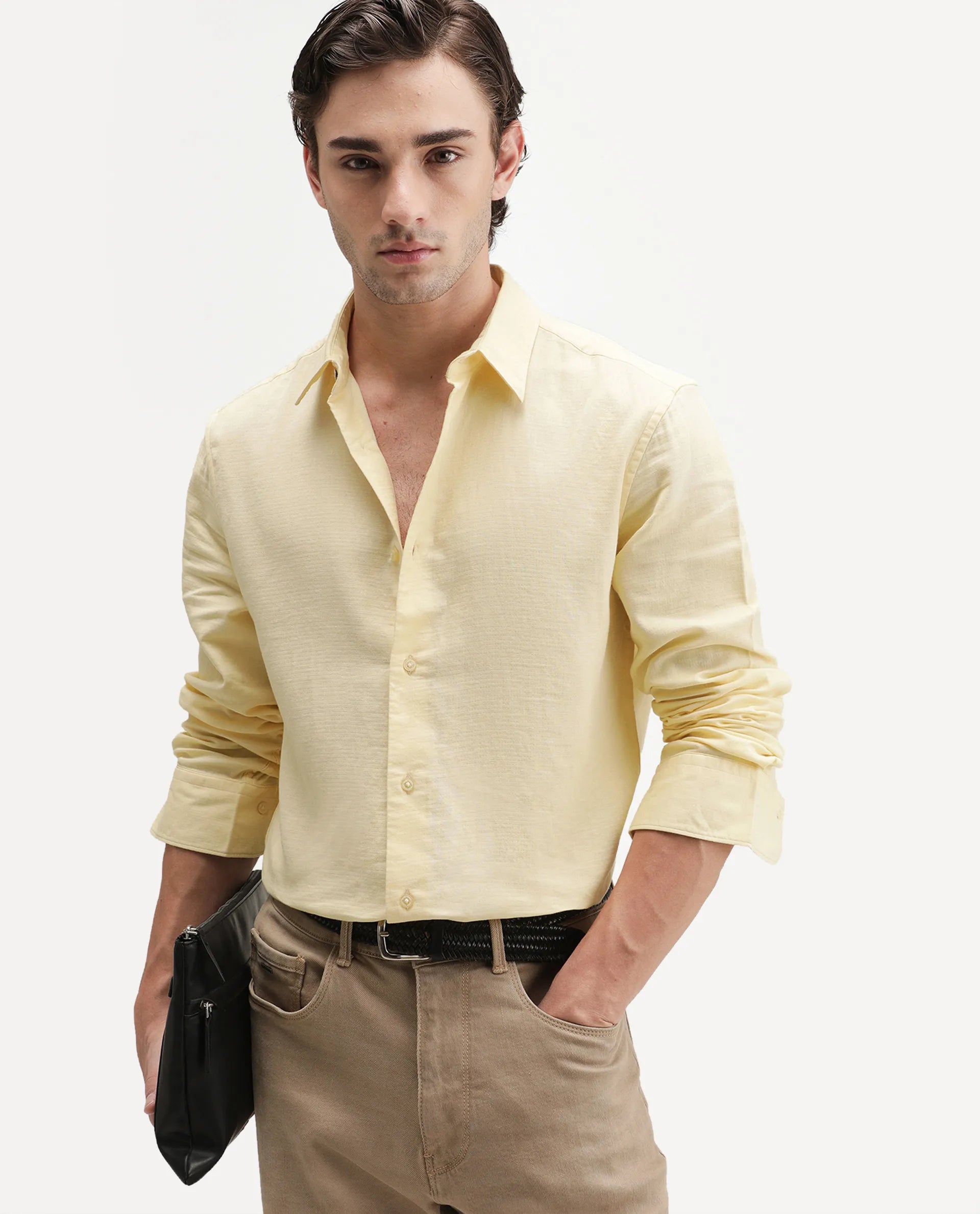 Rare Rabbit Men's Ryv Light Yellow Cotton Spread Collar Button Regular Plain Shirt