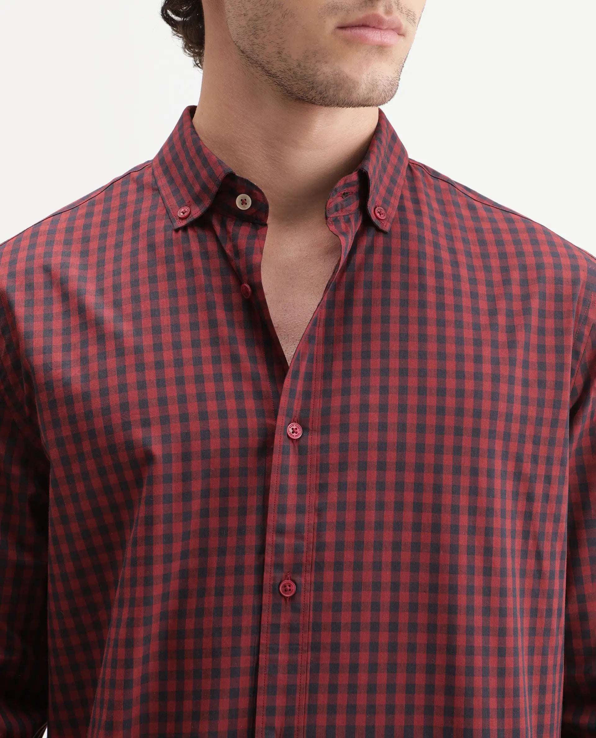 Rare Rabbit Men's Drak Dark Red Cotton Blend Spread Collar Button Regular Checked Shirt