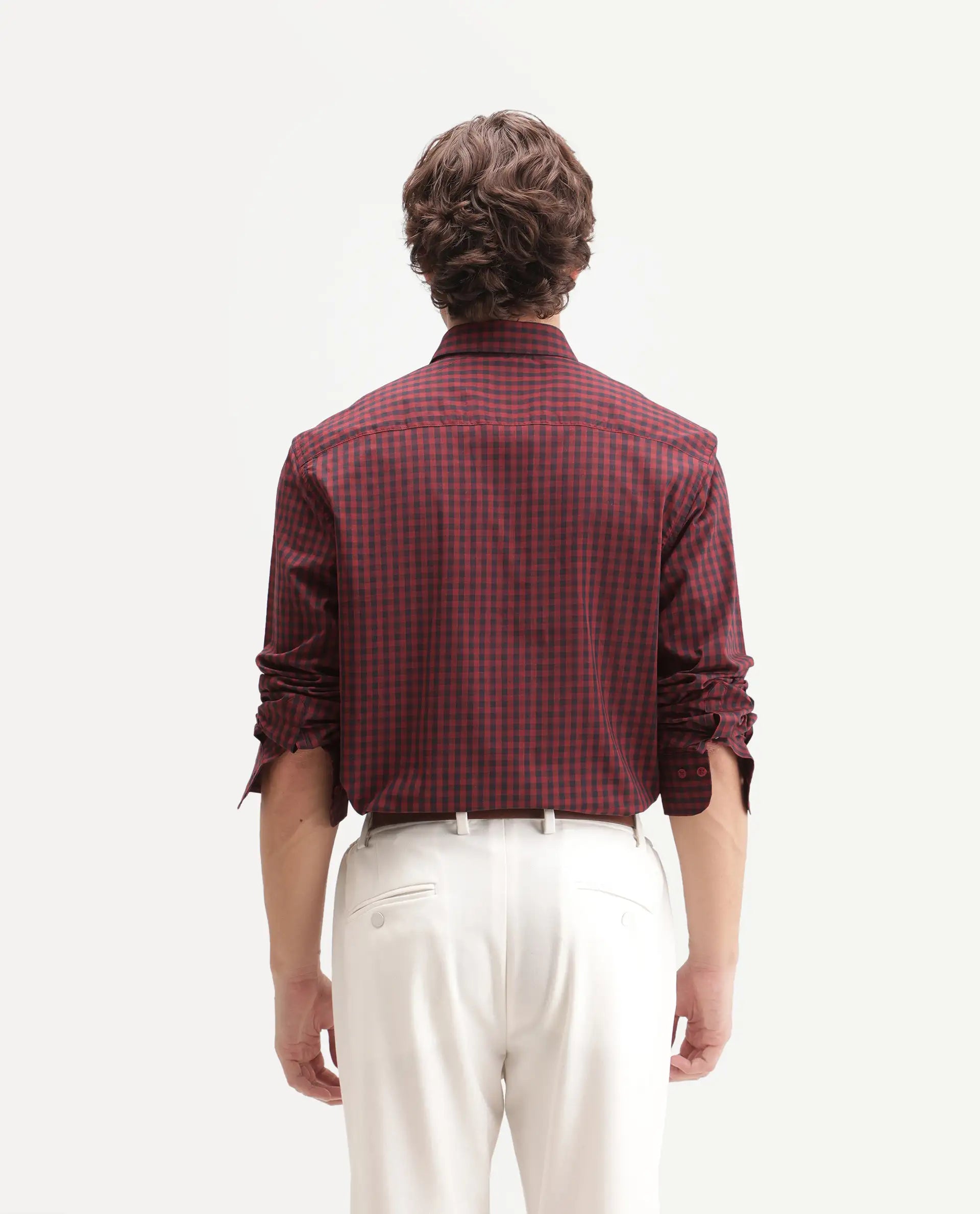 Rare Rabbit Men's Drak Dark Red Cotton Blend Spread Collar Button Regular Checked Shirt