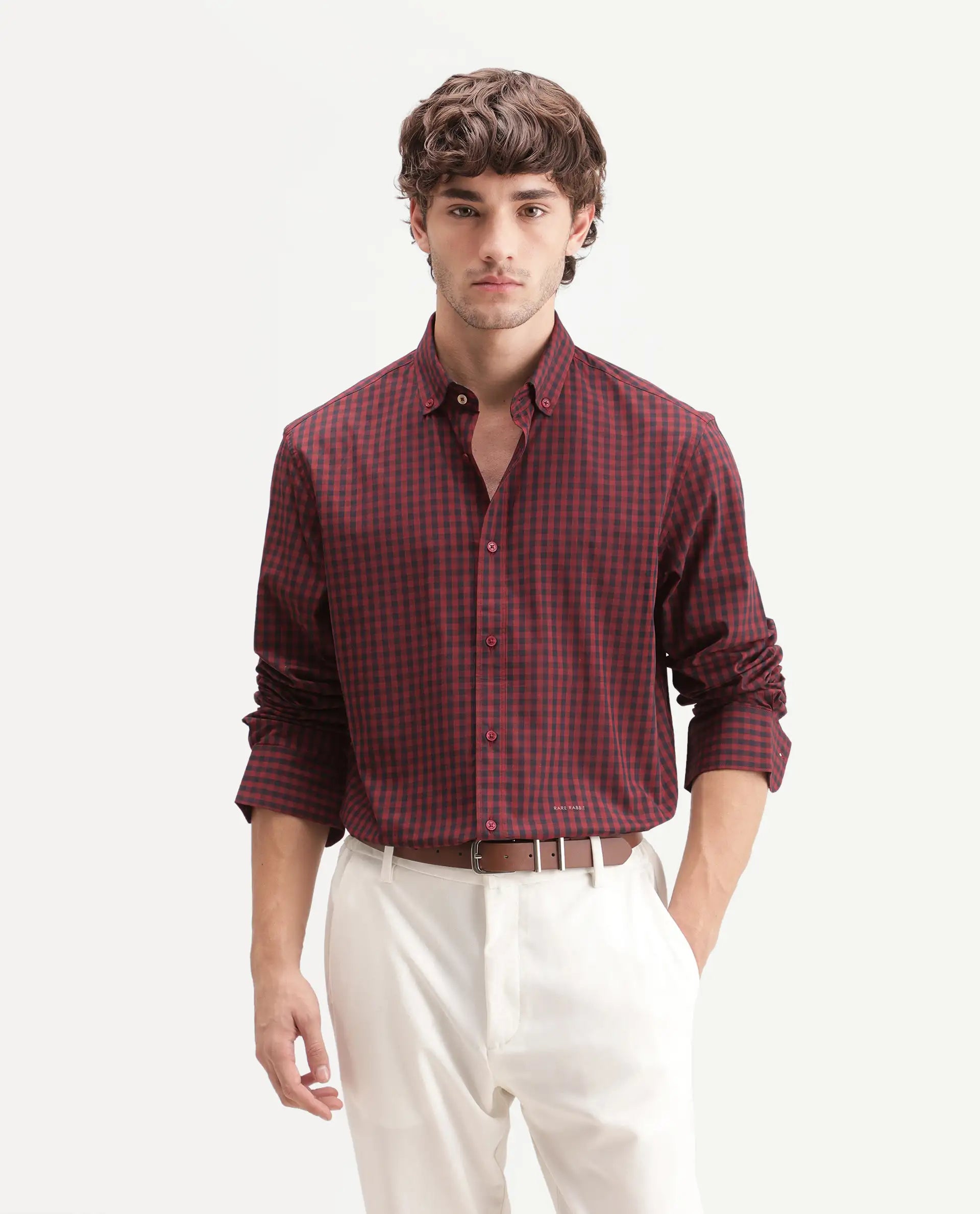 Rare Rabbit Men's Drak Dark Red Cotton Blend Spread Collar Button Regular Checked Shirt