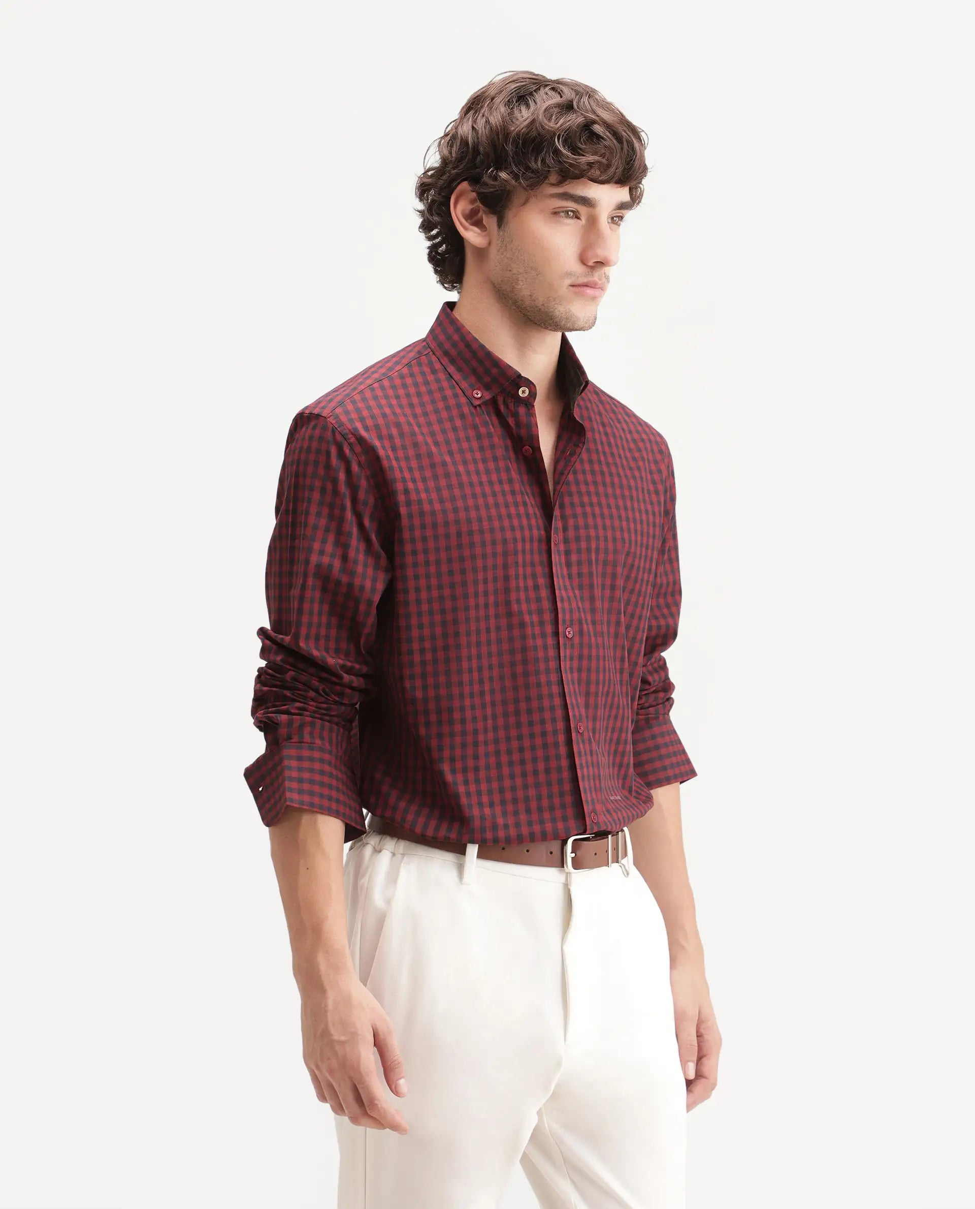 Rare Rabbit Men's Drak Dark Red Cotton Blend Spread Collar Button Regular Checked Shirt