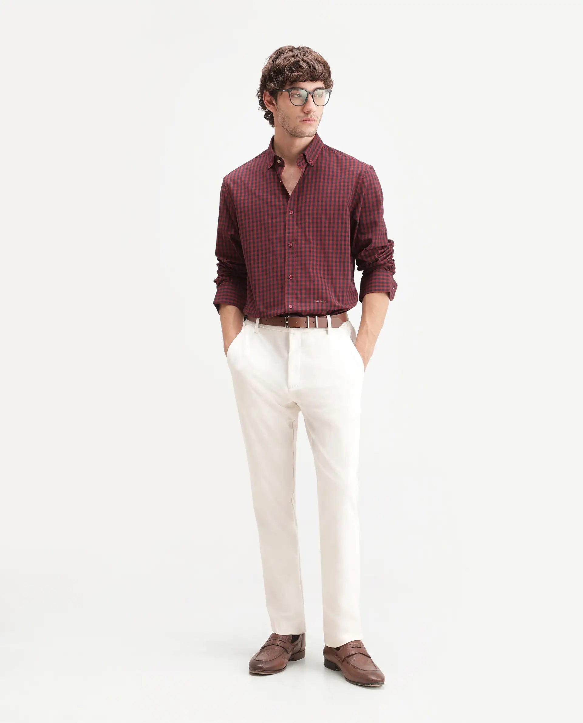 Rare Rabbit Men's Drak Dark Red Cotton Blend Spread Collar Button Regular Checked Shirt