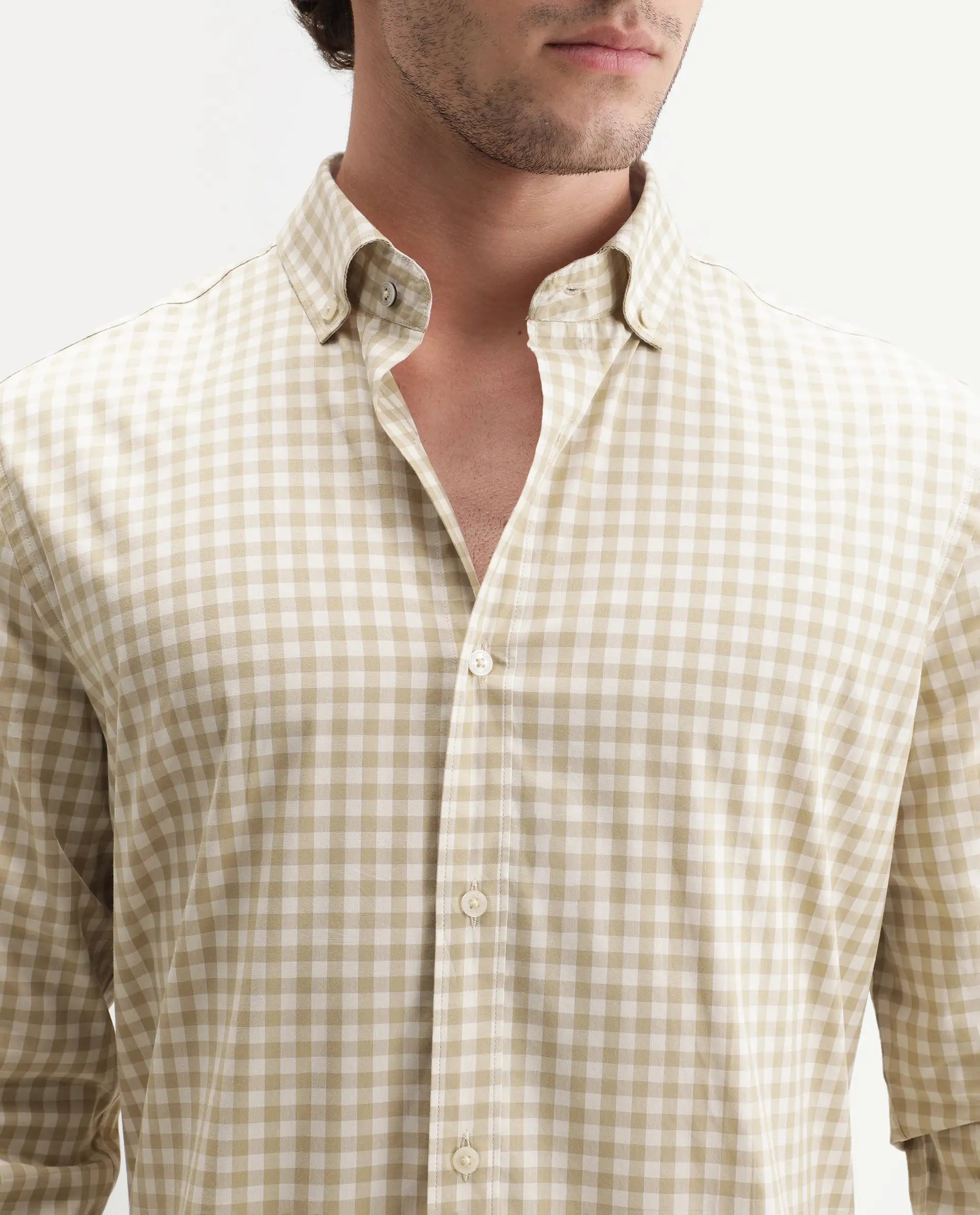 Rare Rabbit Men's Drak Dark Beige Cotton Blend Spread Collar Button Regular Checked Shirt