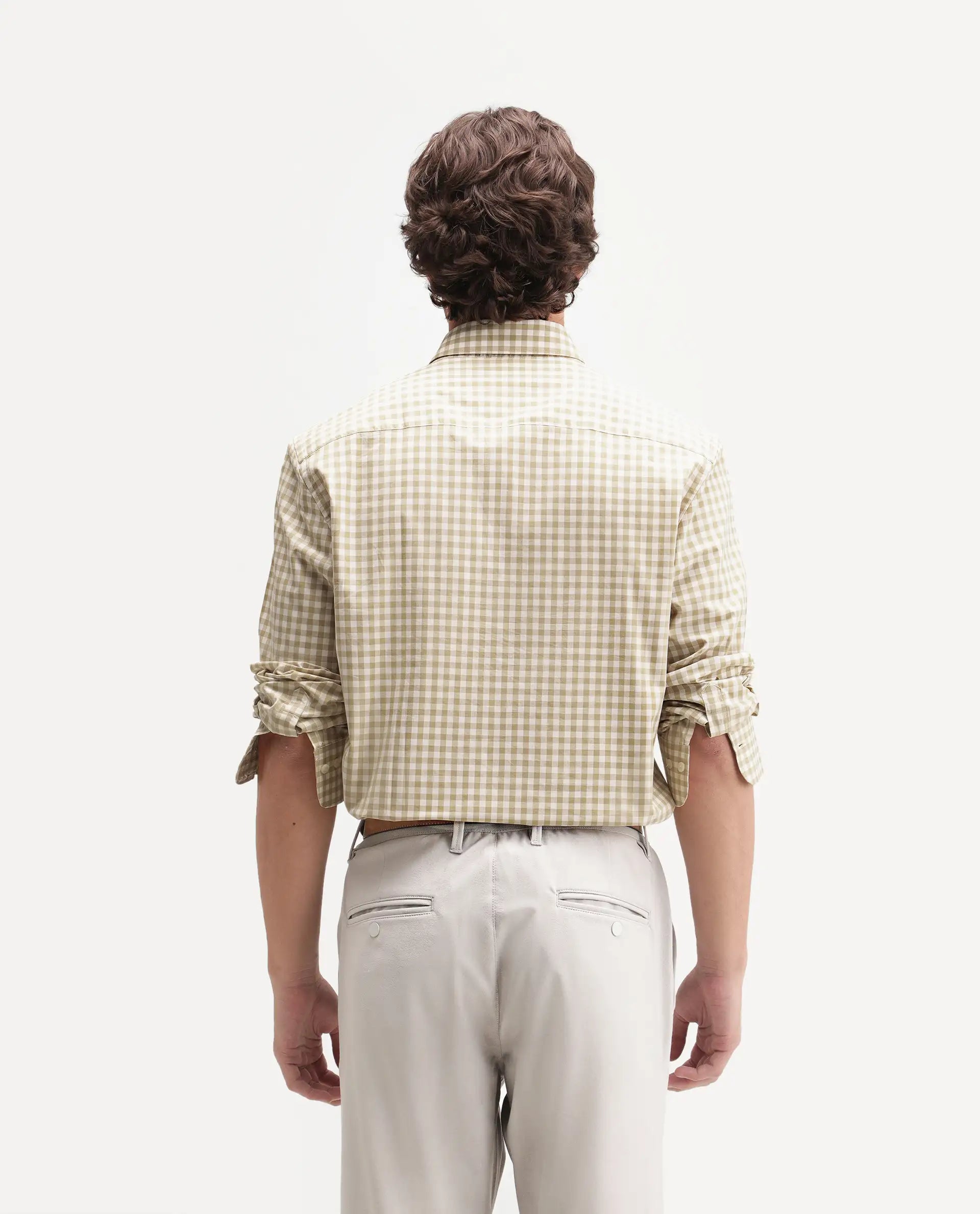 Rare Rabbit Men's Drak Dark Beige Cotton Blend Spread Collar Button Regular Checked Shirt