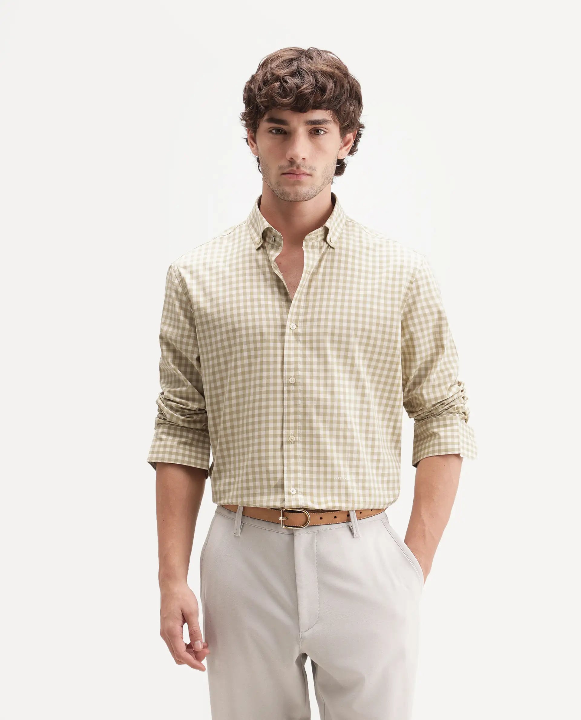 Rare Rabbit Men's Drak Dark Beige Cotton Blend Spread Collar Button Regular Checked Shirt