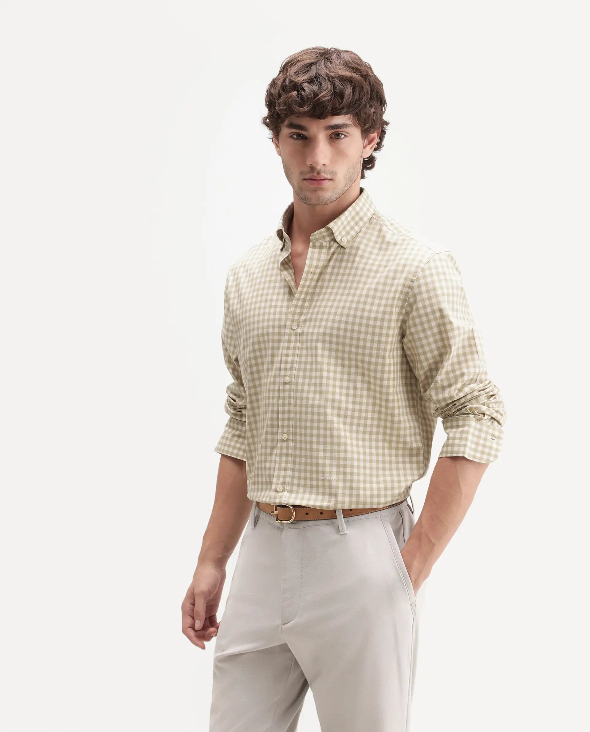 Rare Rabbit Men's Drak Dark Beige Cotton Blend Spread Collar Button Regular Checked Shirt