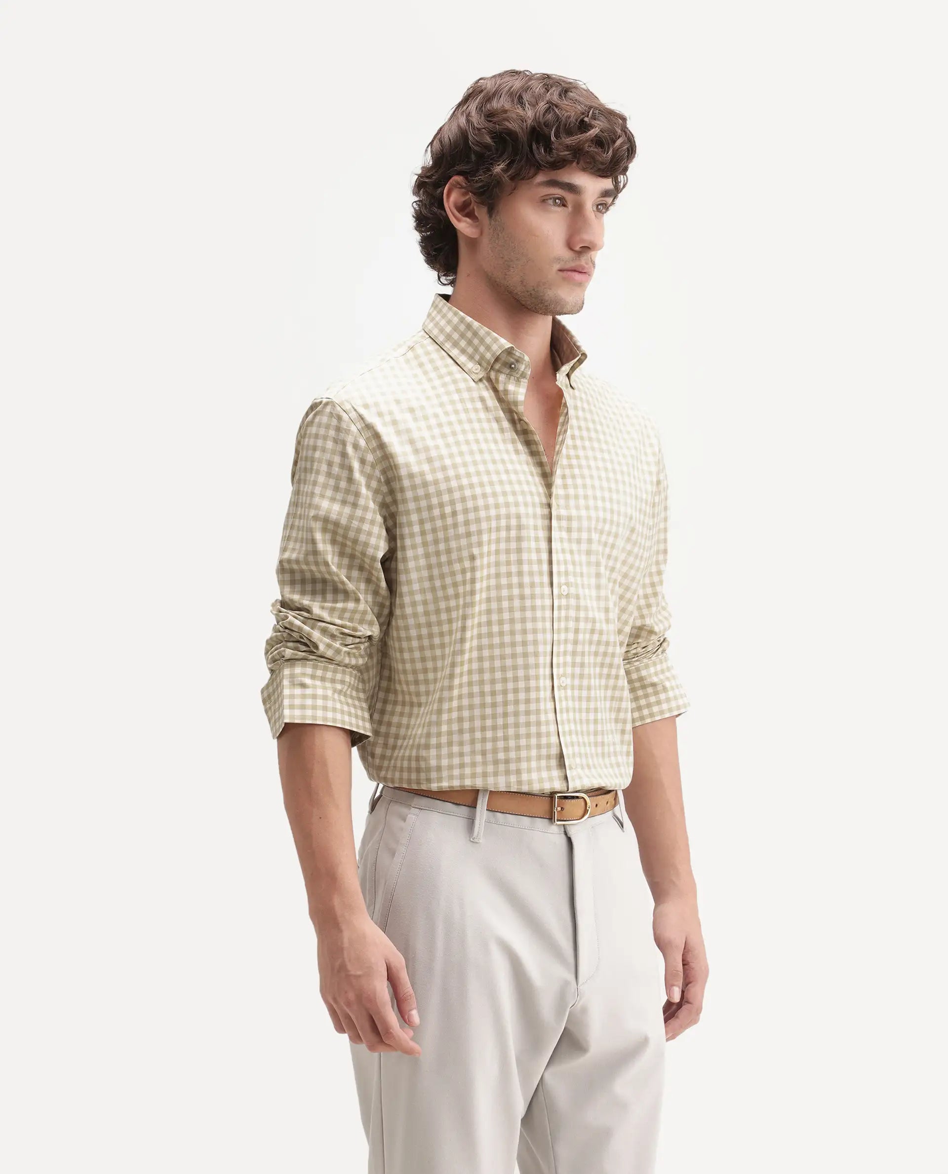 Rare Rabbit Men's Drak Dark Beige Cotton Blend Spread Collar Button Regular Checked Shirt