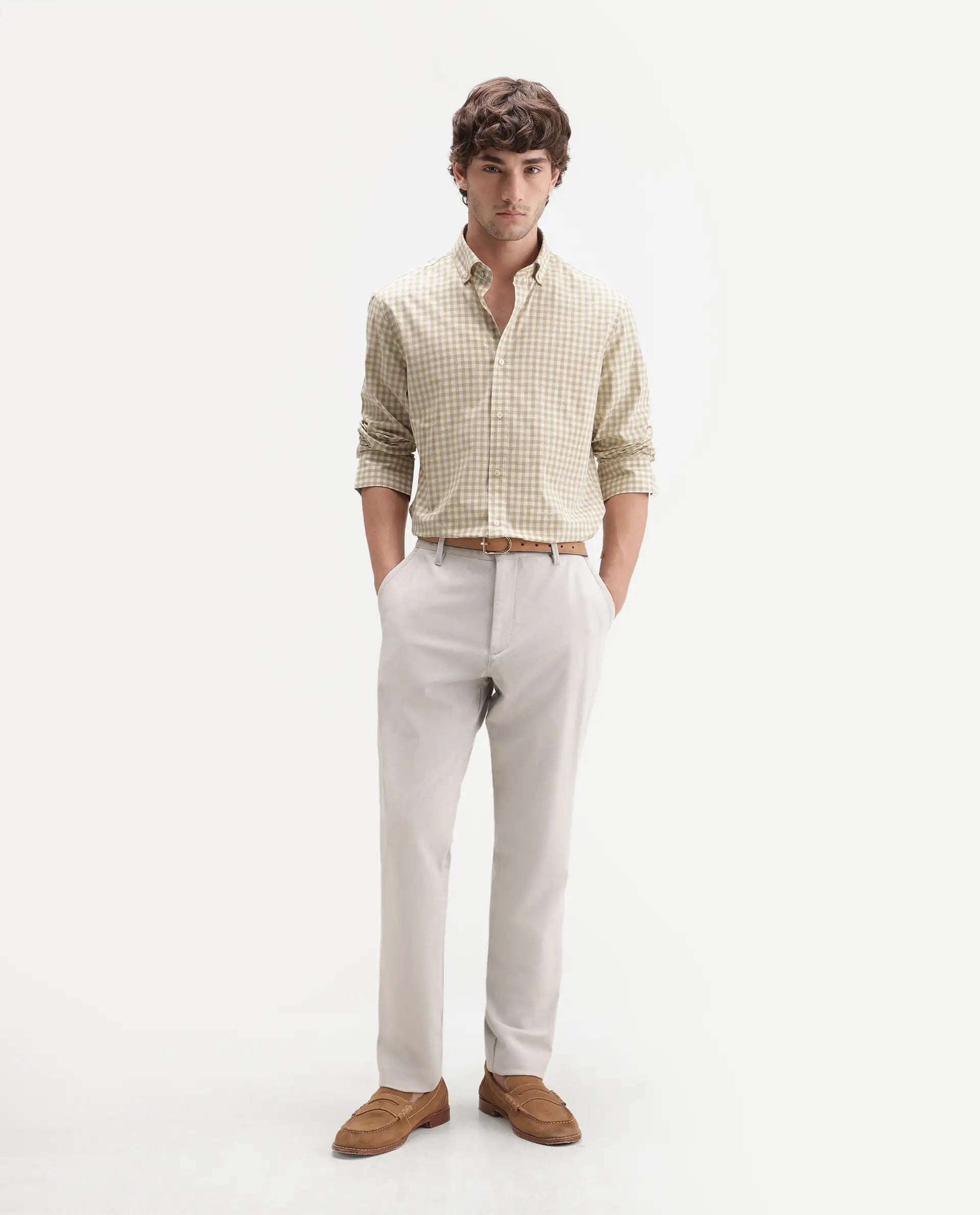 Rare Rabbit Men's Drak Dark Beige Cotton Blend Spread Collar Button Regular Checked Shirt