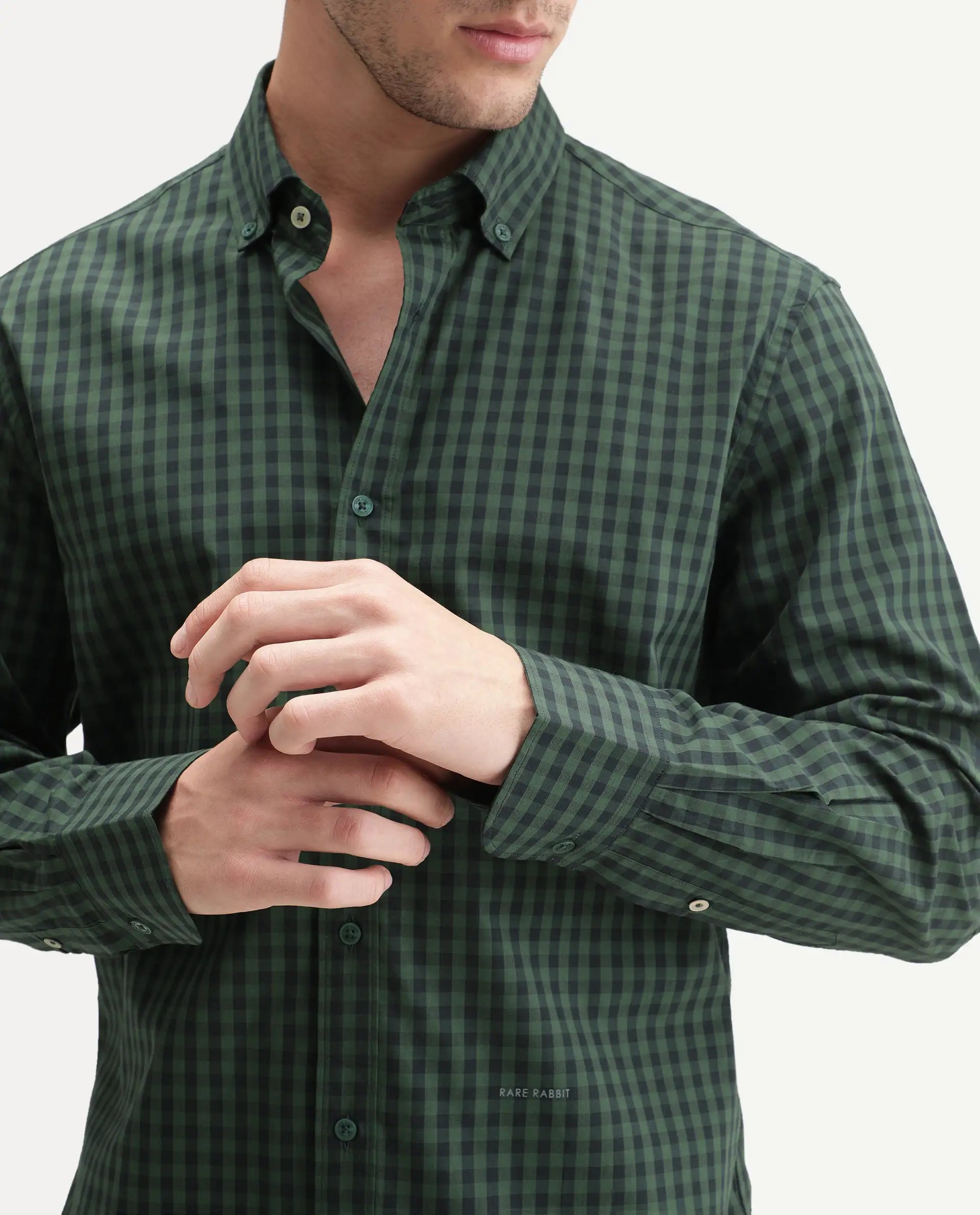 Rare Rabbit Men's Drak Dark Green Cotton Blend Spread Collar Button Regular Checked Shirt