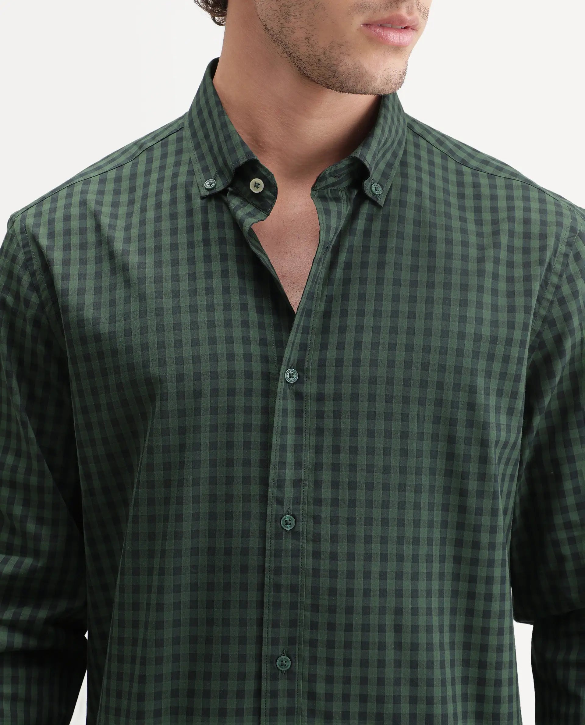 Rare Rabbit Men's Drak Dark Green Cotton Blend Spread Collar Button Regular Checked Shirt