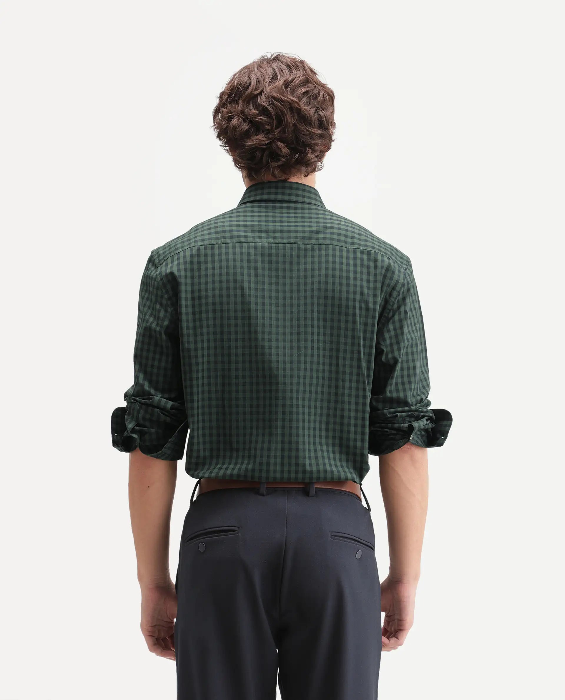 Rare Rabbit Men's Drak Dark Green Cotton Blend Spread Collar Button Regular Checked Shirt